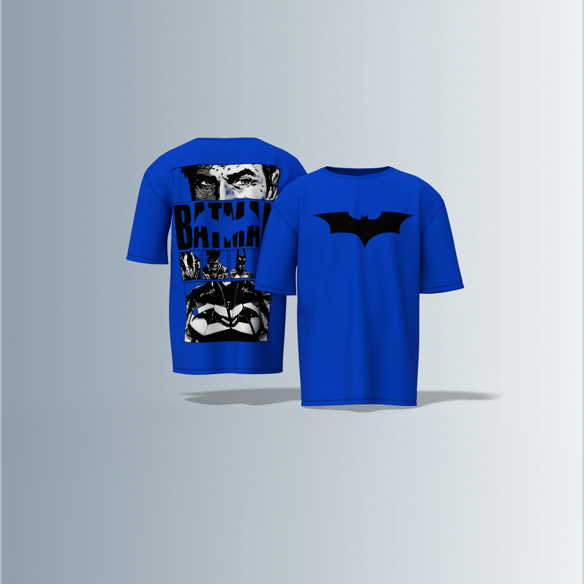 "Batman Oversized Tee – Bold Bat Emblem Front & Comic Strip Back Print Featuring Dark Knight Graphic Panels"
