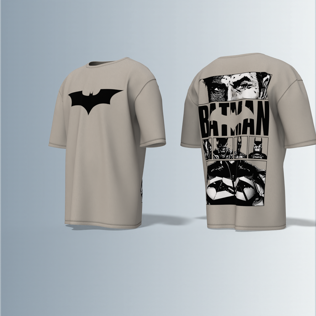 "Batman Oversized Tee – Bold Bat Emblem Front & Comic Strip Back Print Featuring Dark Knight Graphic Panels"