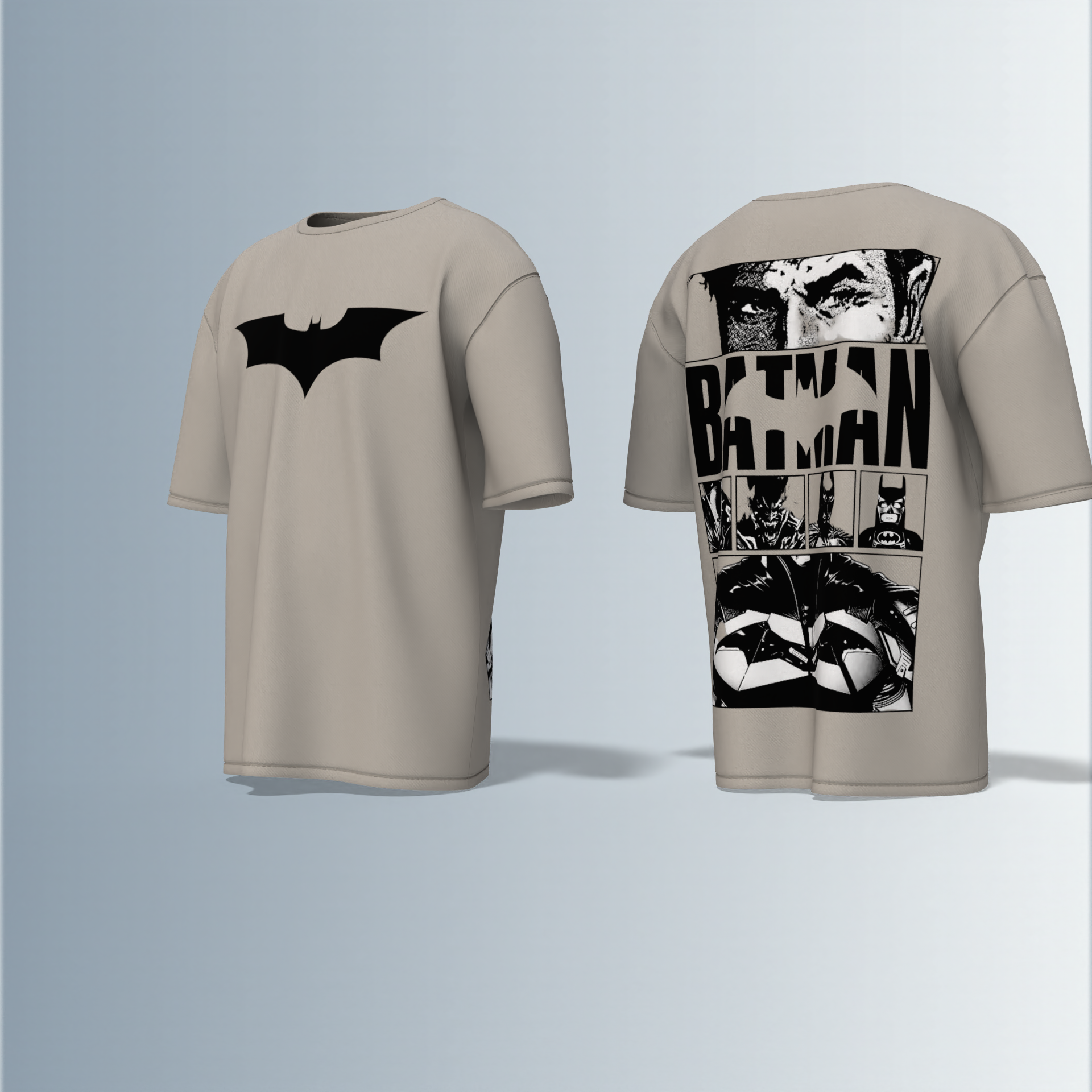 "Batman Oversized Tee – Bold Bat Emblem Front & Comic Strip Back Print Featuring Dark Knight Graphic Panels"