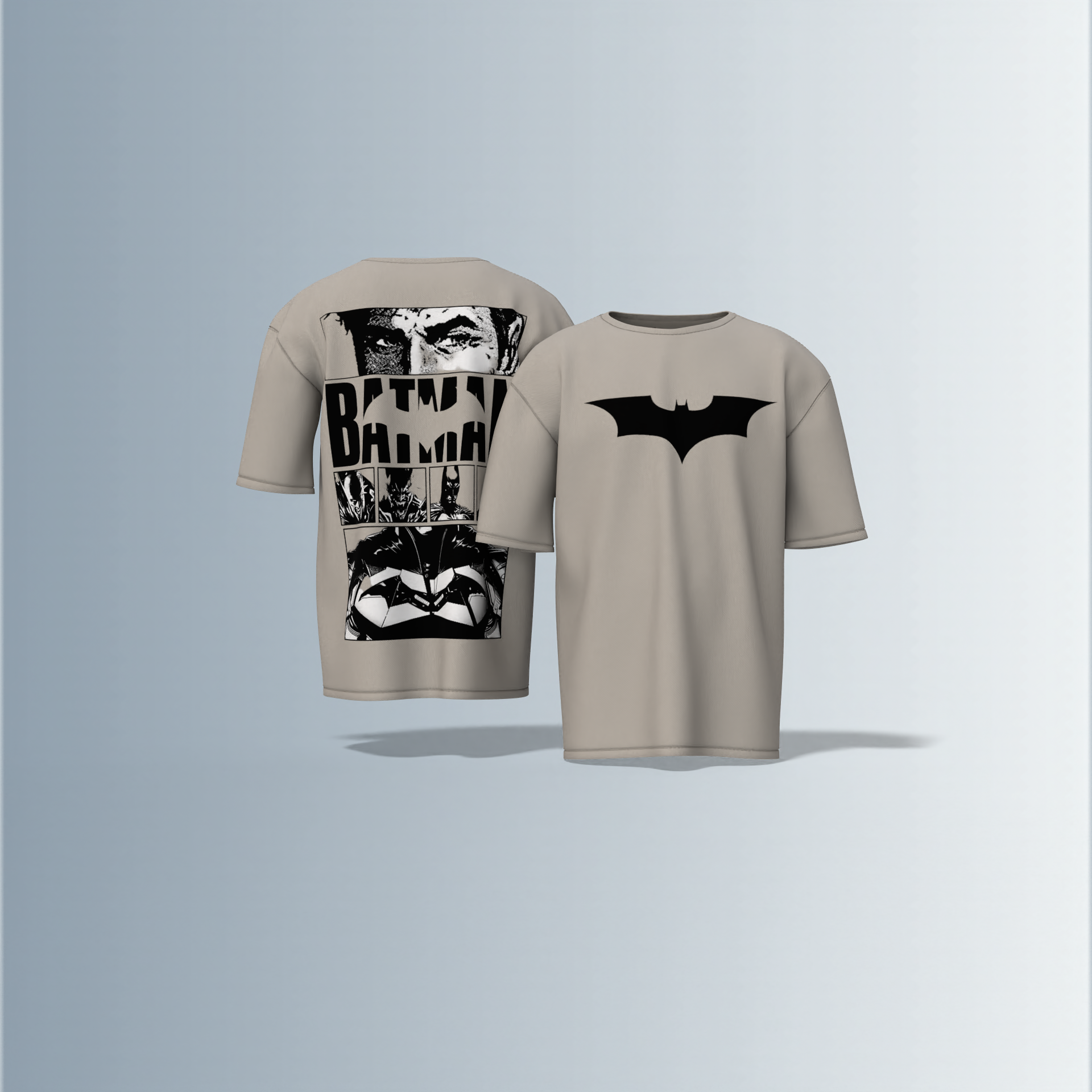 "Batman Oversized Tee – Bold Bat Emblem Front & Comic Strip Back Print Featuring Dark Knight Graphic Panels"