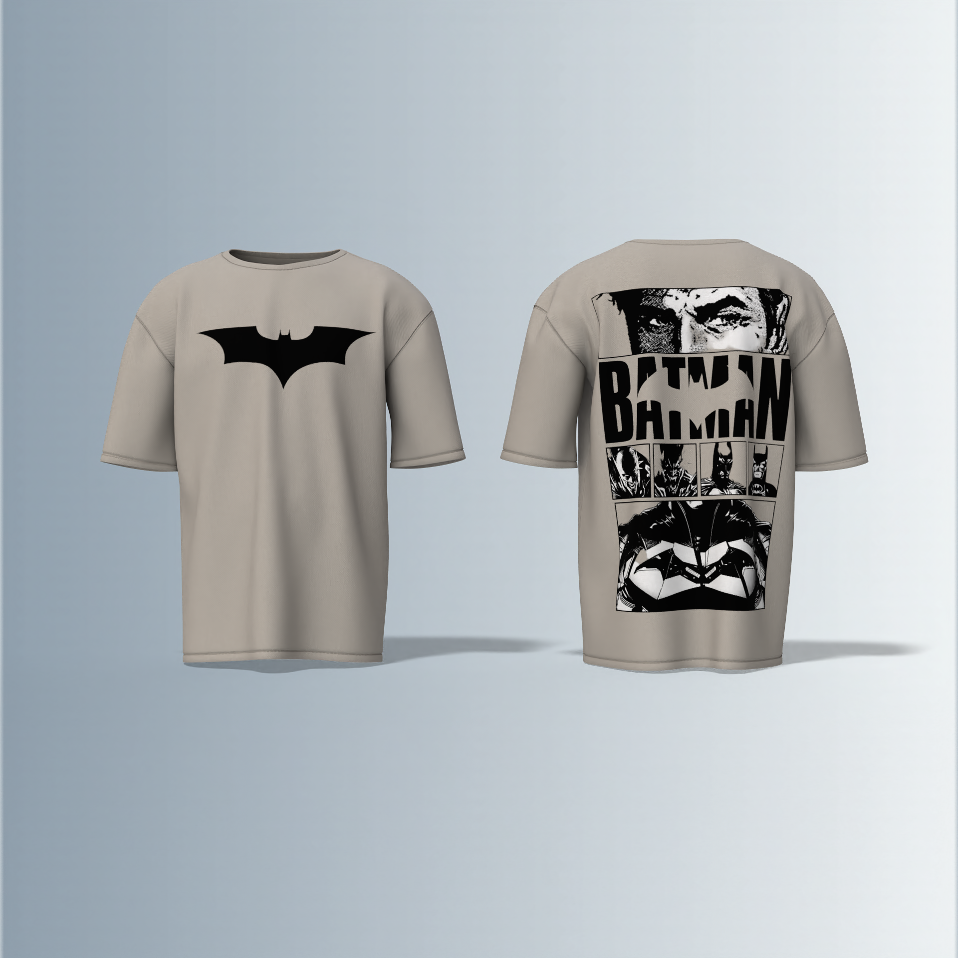 "Batman Oversized Tee – Bold Bat Emblem Front & Comic Strip Back Print Featuring Dark Knight Graphic Panels"