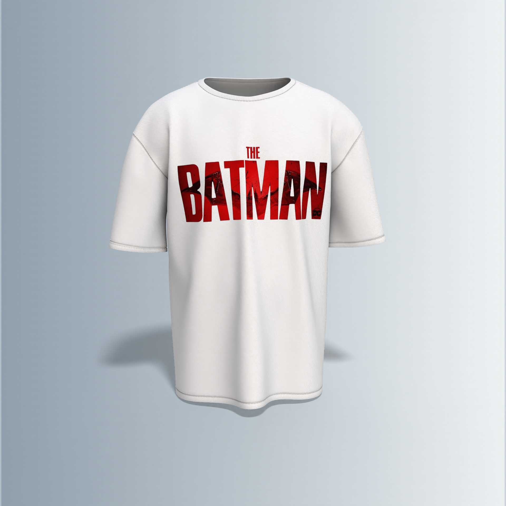 "The Batman Oversized Tee – Bold Front ‘The Batman’ Logo with Striking Back Print of Dark Knight Mask & Gotham Graphic Typography"