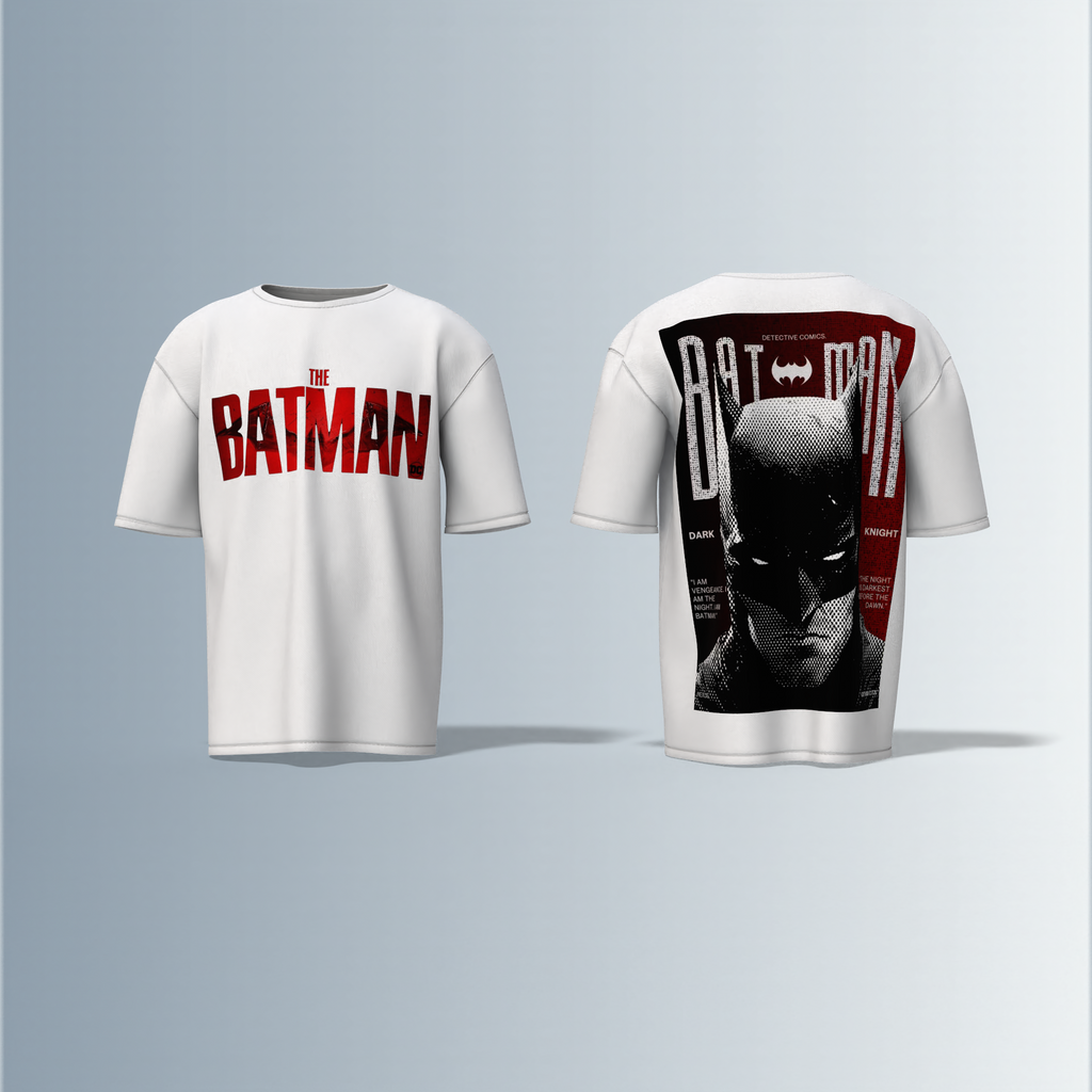 "The Batman Oversized Tee – Bold Front ‘The Batman’ Logo with Striking Back Print of Dark Knight Mask & Gotham Graphic Typography"