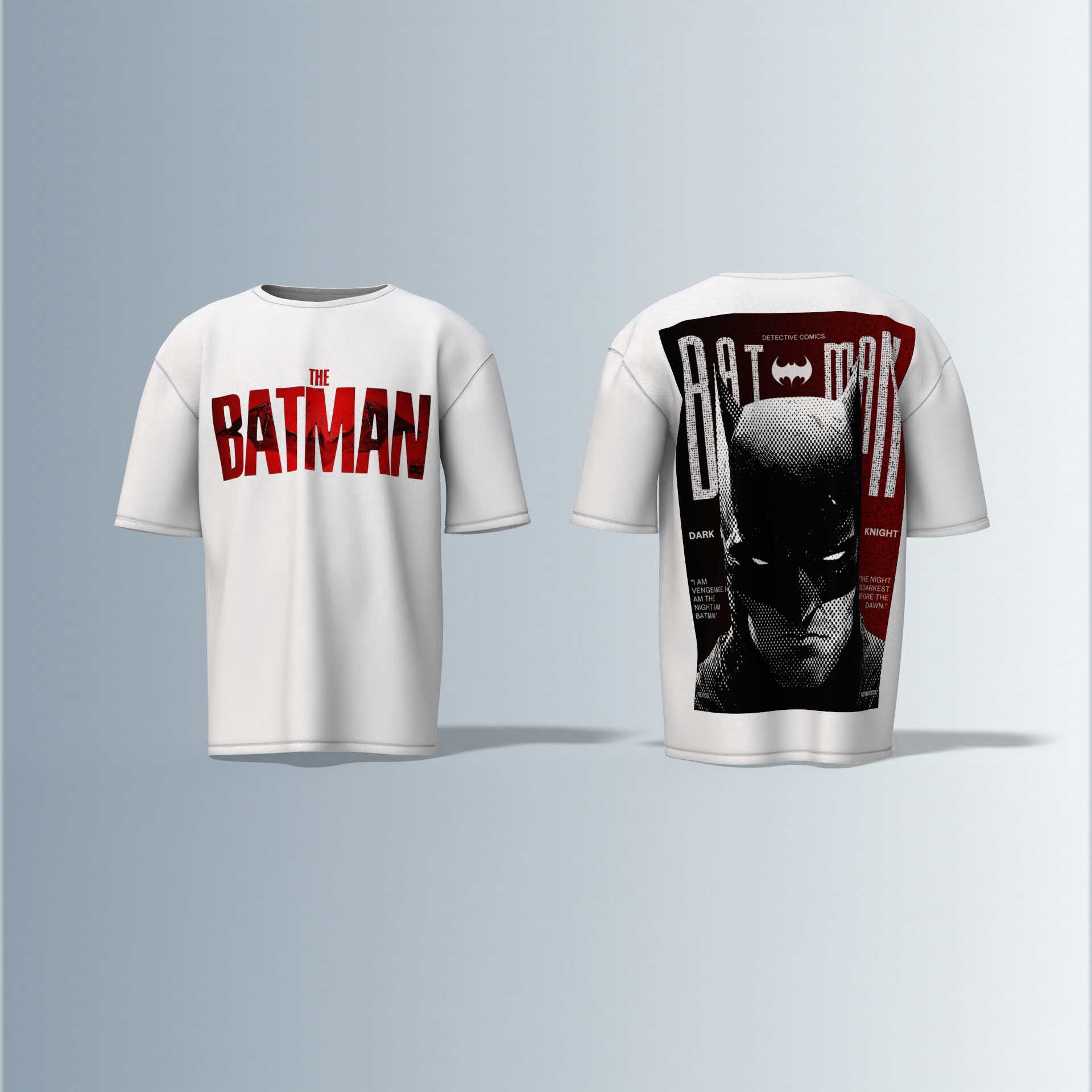 "The Batman Oversized Tee – Bold Front ‘The Batman’ Logo with Striking Back Print of Dark Knight Mask & Gotham Graphic Typography"