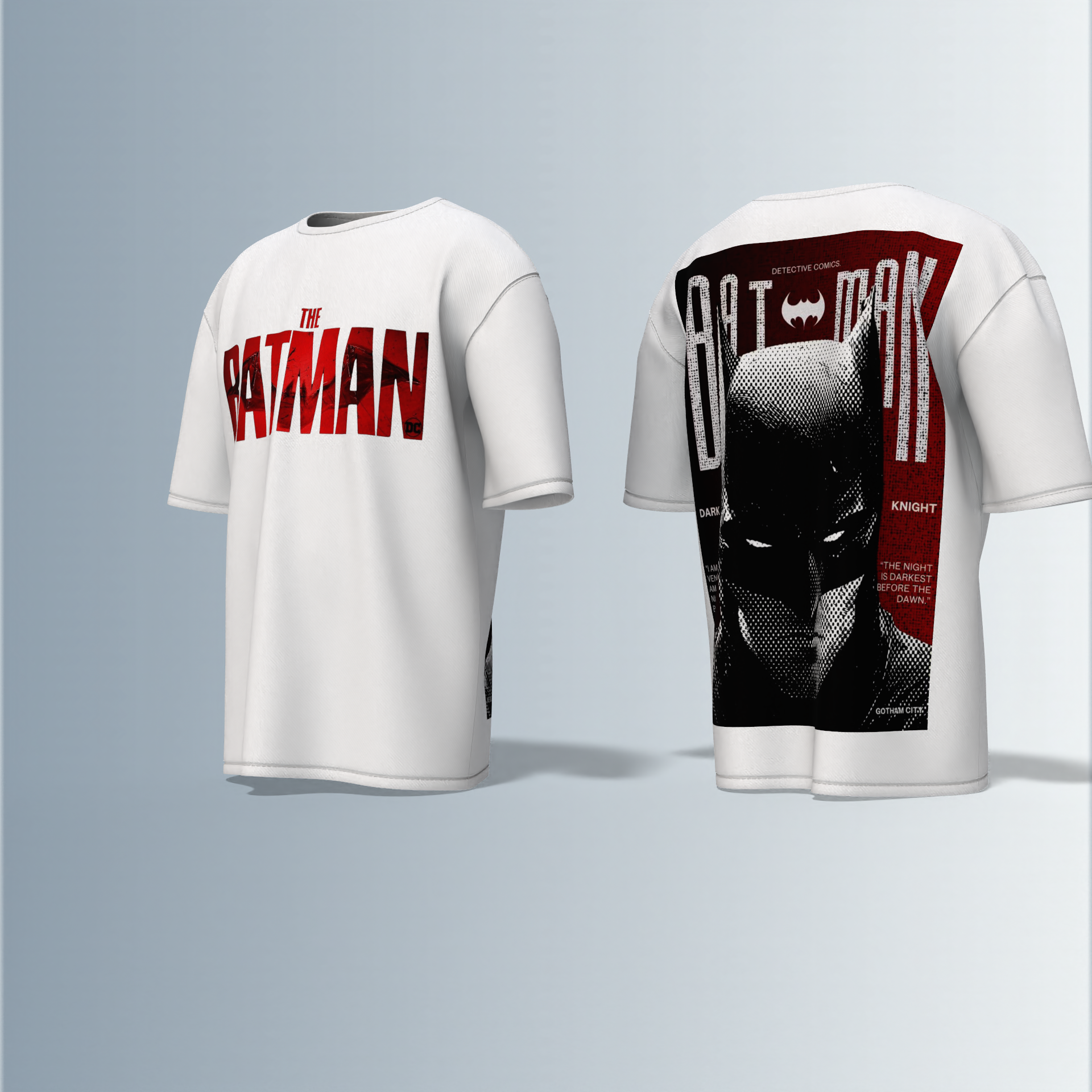 "The Batman Oversized Tee – Bold Front ‘The Batman’ Logo with Striking Back Print of Dark Knight Mask & Gotham Graphic Typography"