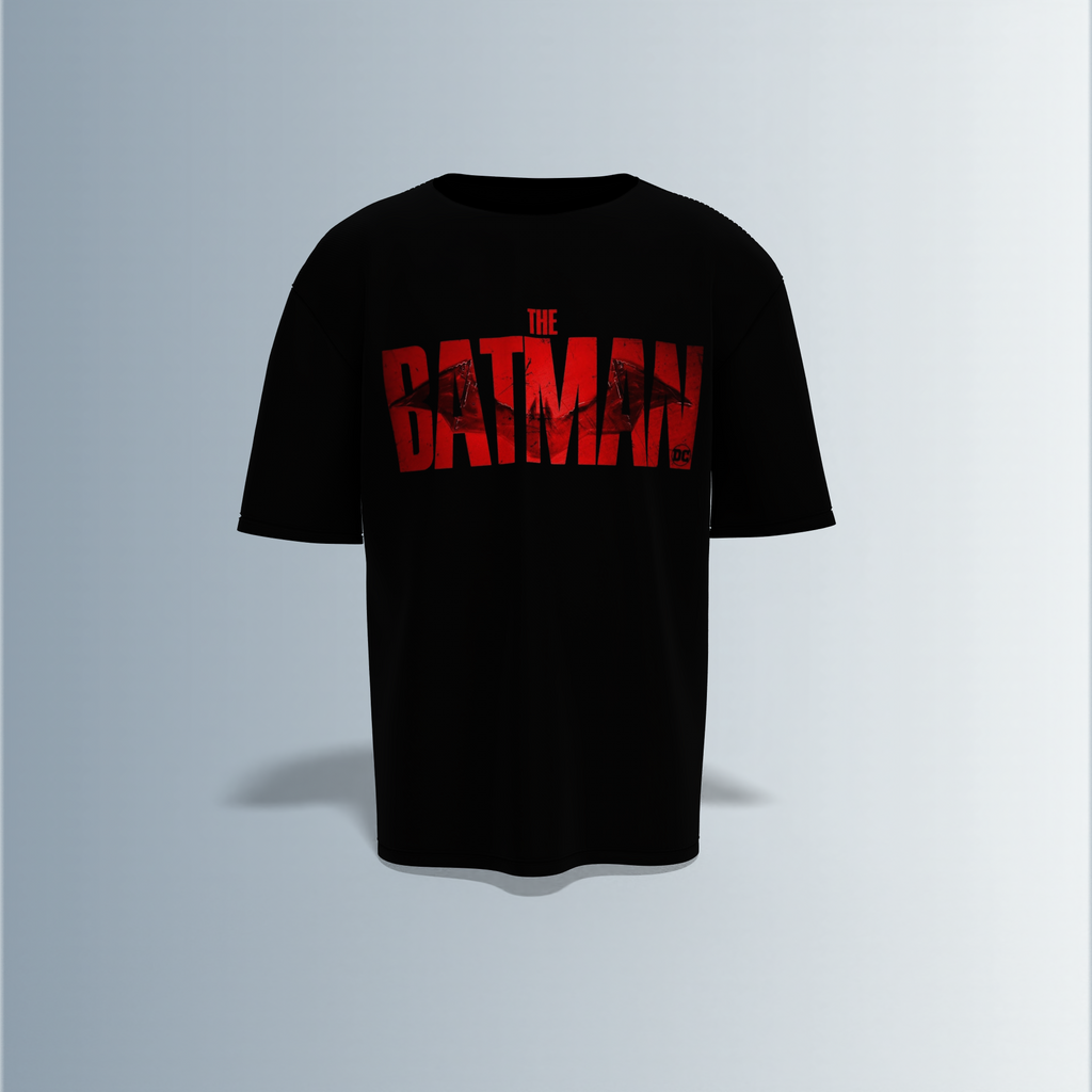 "The Batman Oversized Tee – Bold Front ‘The Batman’ Logo with Striking Back Print of Dark Knight Mask & Gotham Graphic Typography"