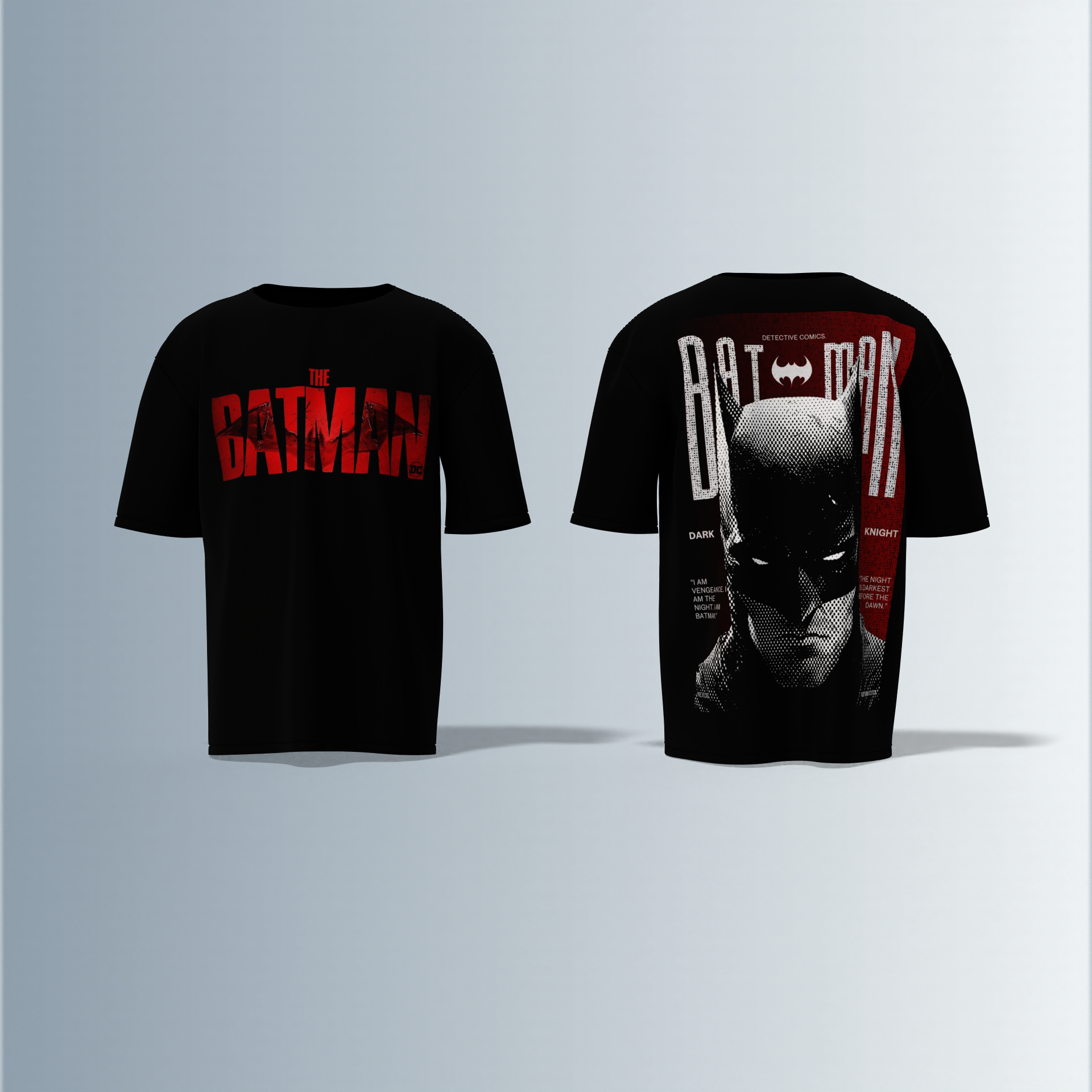 "The Batman Oversized Tee – Bold Front ‘The Batman’ Logo with Striking Back Print of Dark Knight Mask & Gotham Graphic Typography"