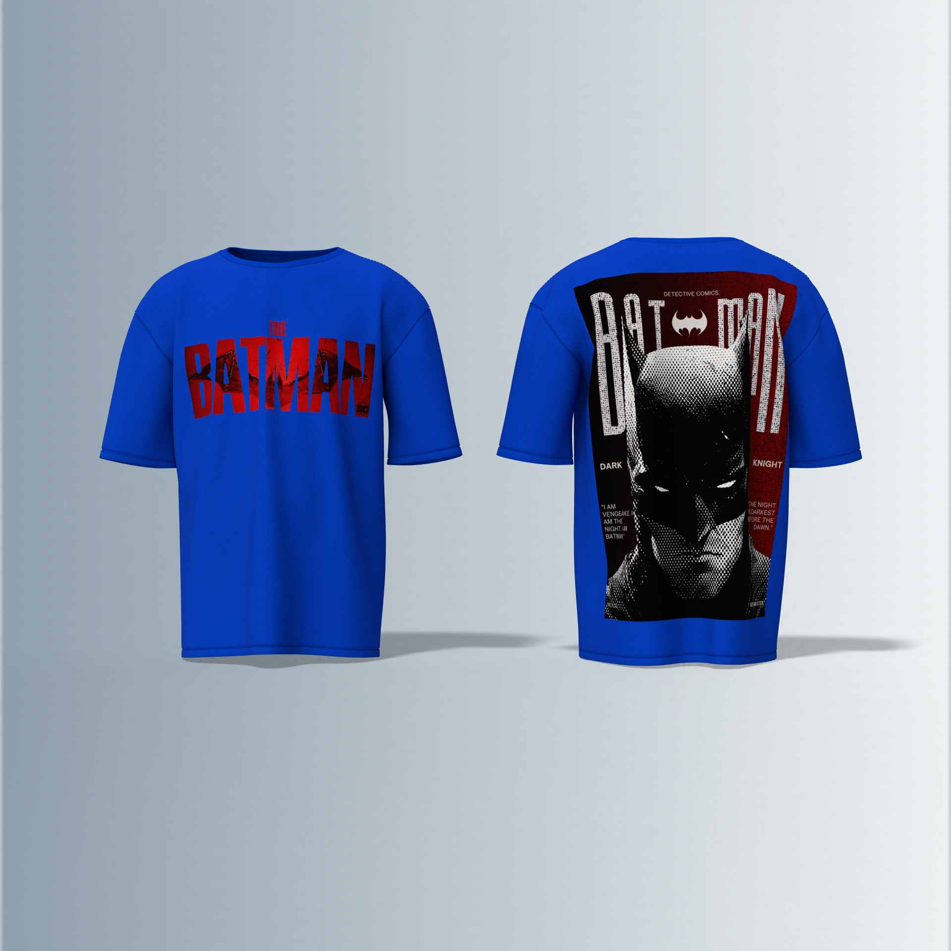 "The Batman Oversized Tee – Bold Front ‘The Batman’ Logo with Striking Back Print of Dark Knight Mask & Gotham Graphic Typography"