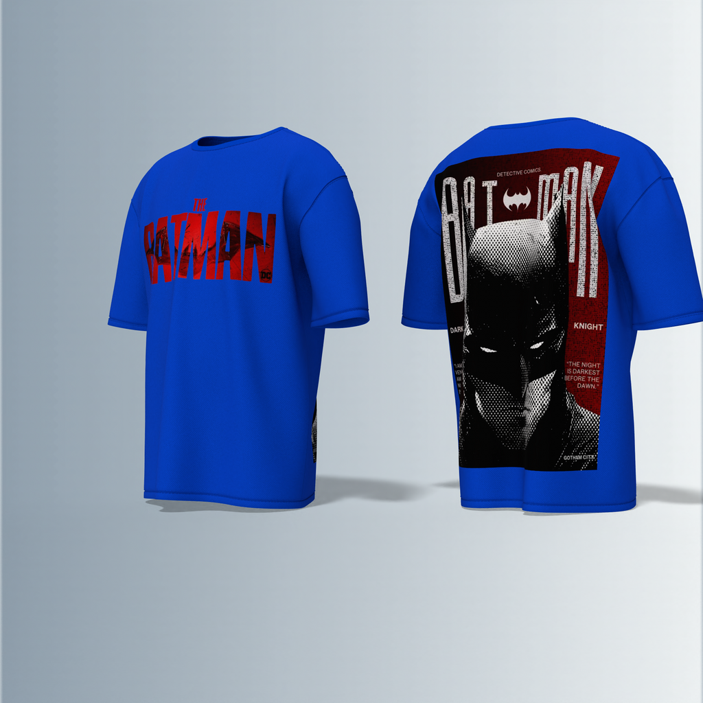 "The Batman Oversized Tee – Bold Front ‘The Batman’ Logo with Striking Back Print of Dark Knight Mask & Gotham Graphic Typography"