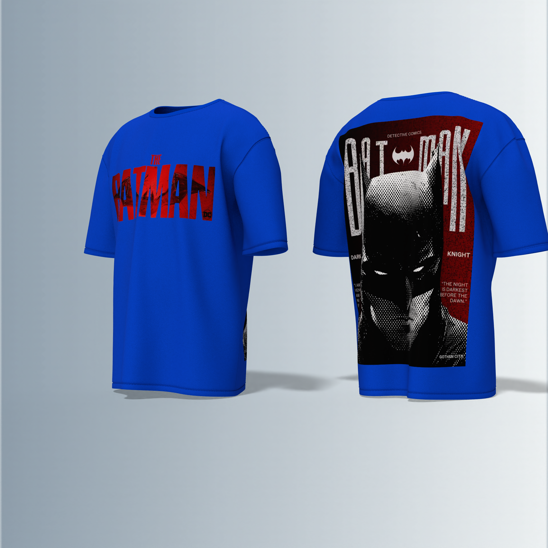 "The Batman Oversized Tee – Bold Front ‘The Batman’ Logo with Striking Back Print of Dark Knight Mask & Gotham Graphic Typography"