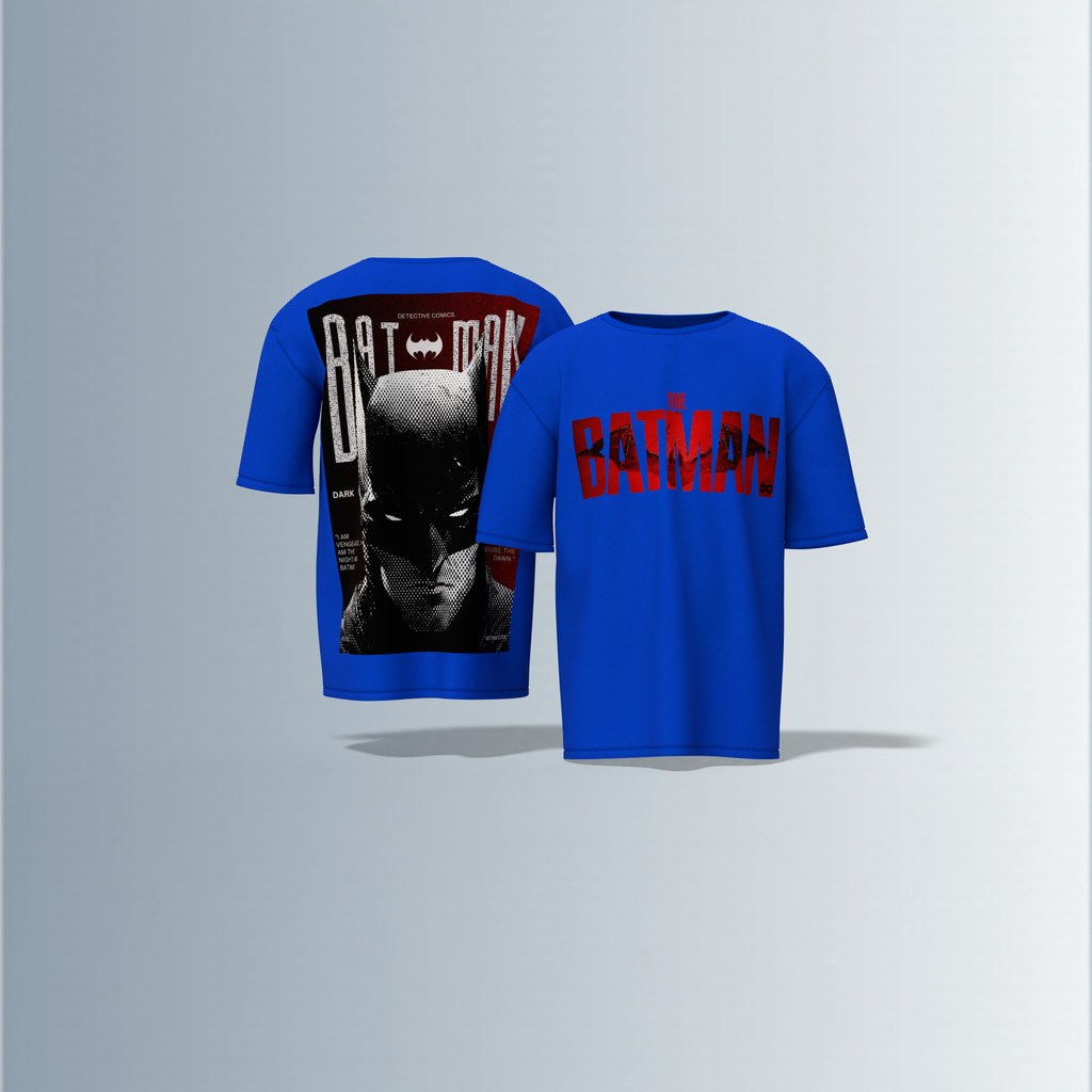 "The Batman Oversized Tee – Bold Front ‘The Batman’ Logo with Striking Back Print of Dark Knight Mask & Gotham Graphic Typography"