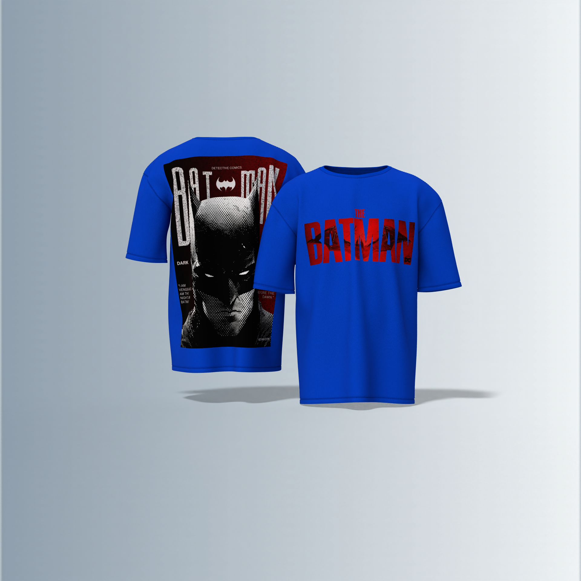 "The Batman Oversized Tee – Bold Front ‘The Batman’ Logo with Striking Back Print of Dark Knight Mask & Gotham Graphic Typography"