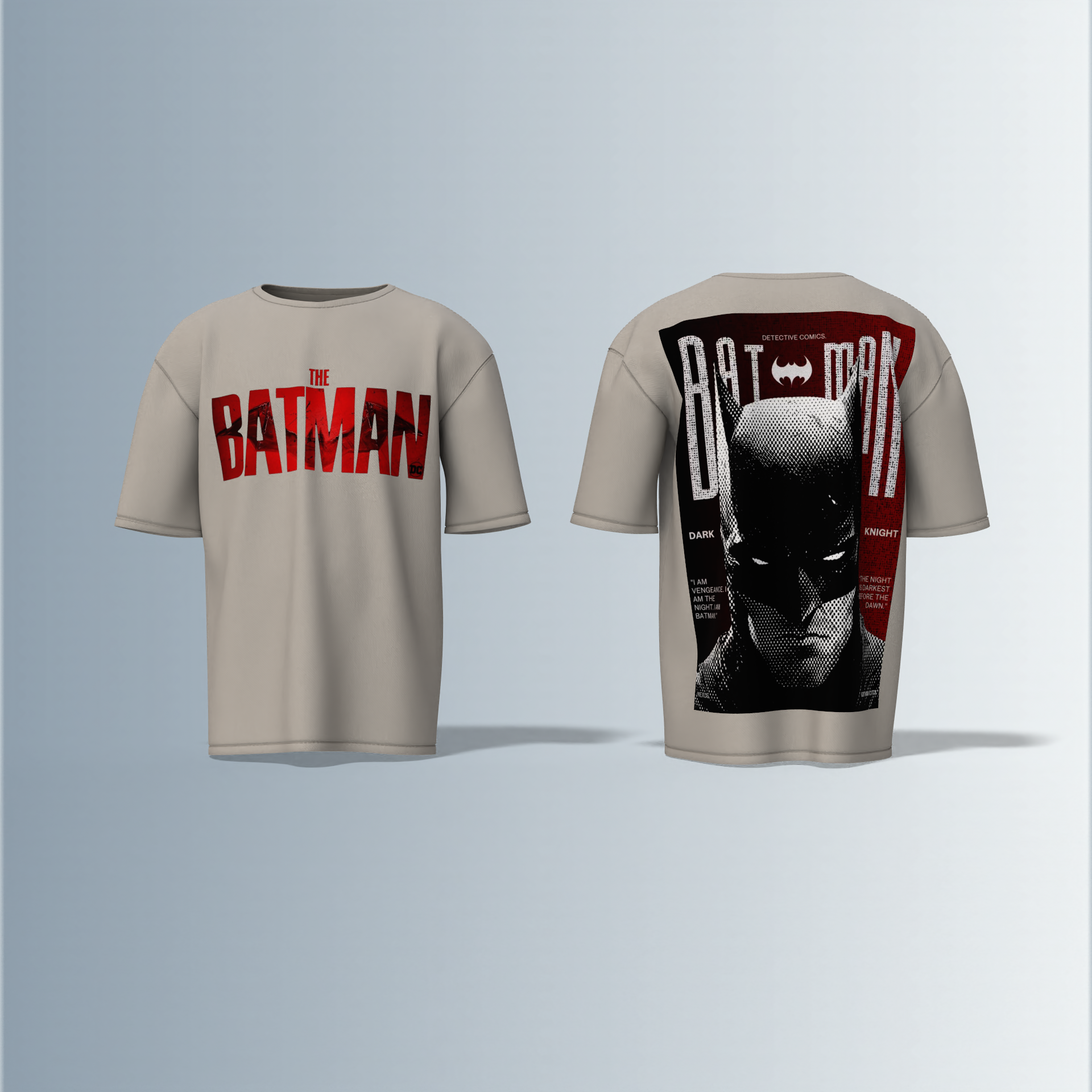 "The Batman Oversized Tee – Bold Front ‘The Batman’ Logo with Striking Back Print of Dark Knight Mask & Gotham Graphic Typography"