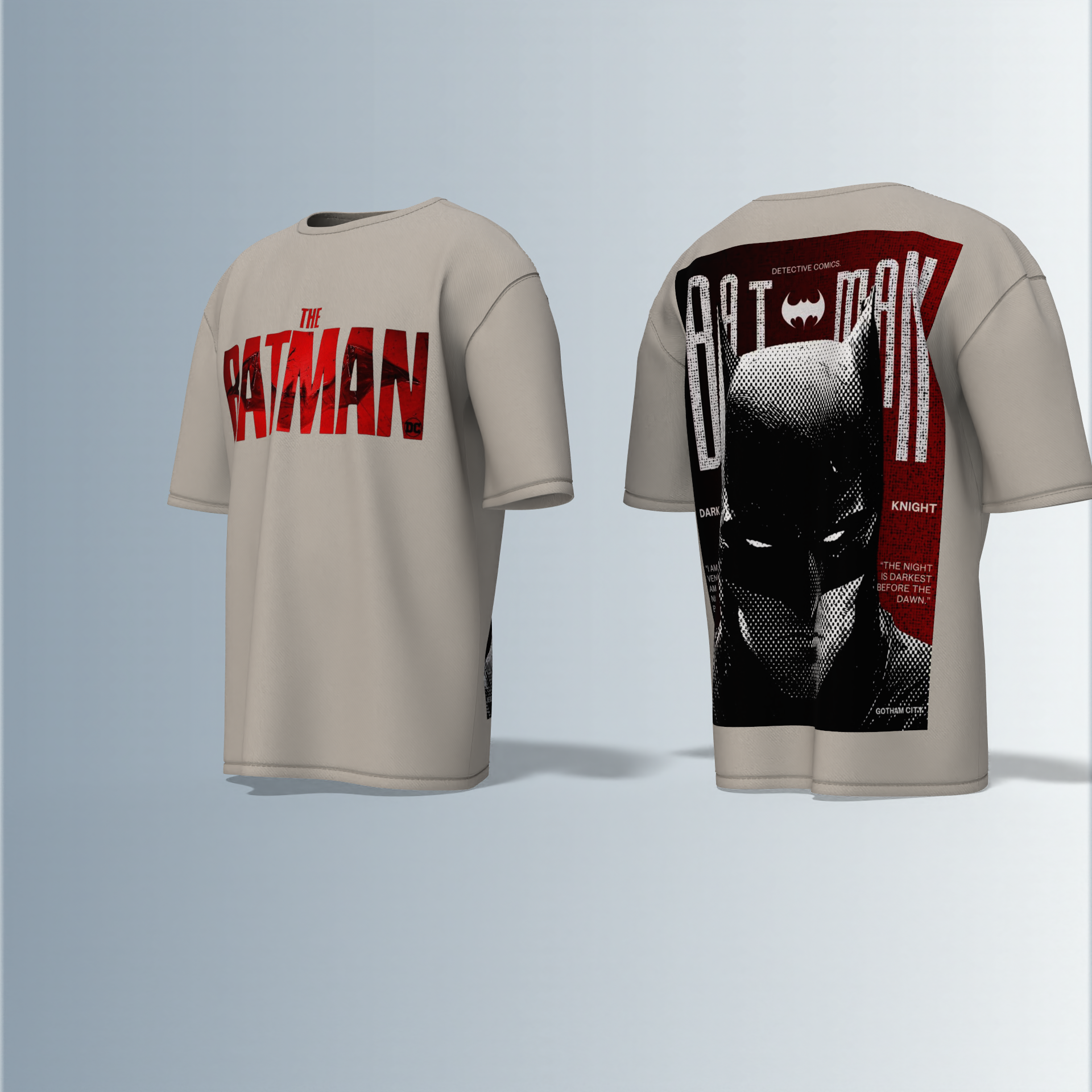 "The Batman Oversized Tee – Bold Front ‘The Batman’ Logo with Striking Back Print of Dark Knight Mask & Gotham Graphic Typography"