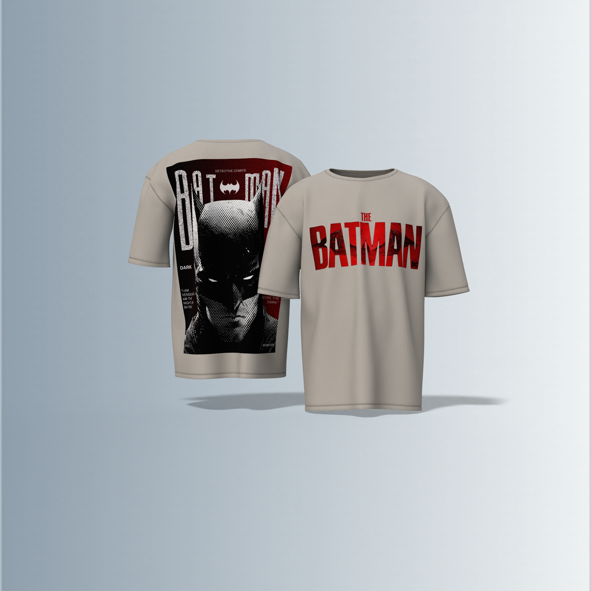 "The Batman Oversized Tee – Bold Front ‘The Batman’ Logo with Striking Back Print of Dark Knight Mask & Gotham Graphic Typography"