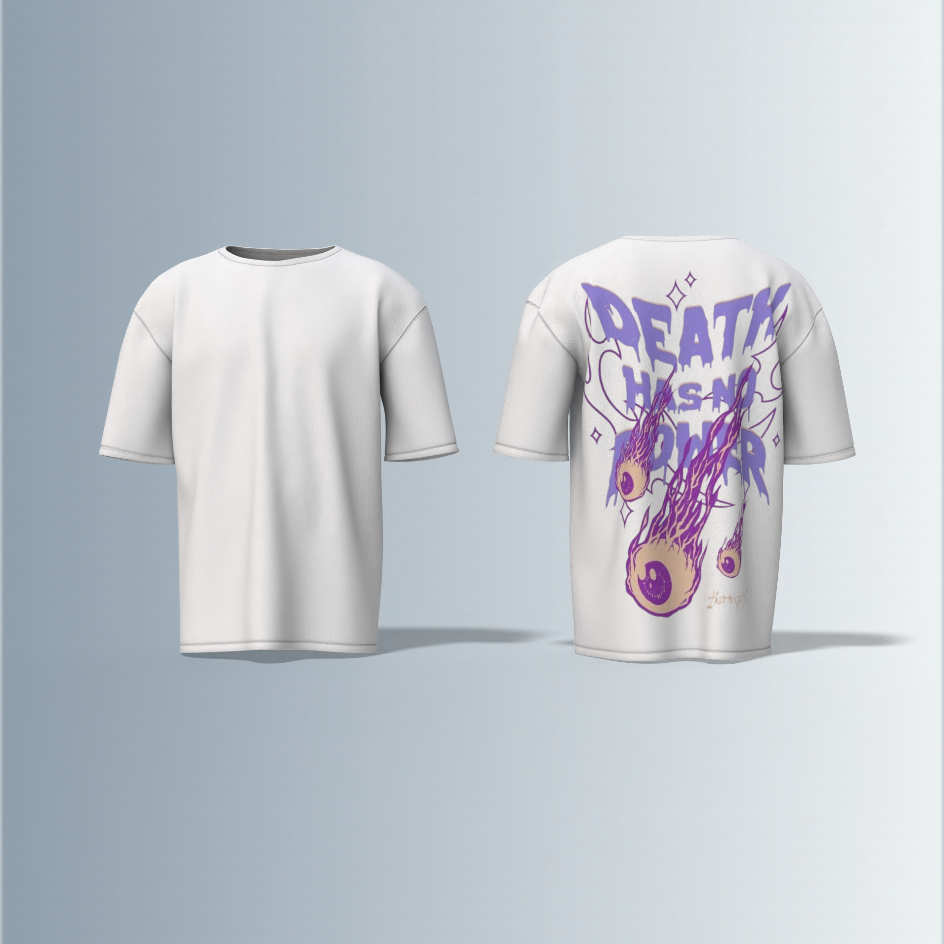 "Oversized Graphic Tee – Bold ‘Death Has No Power’ Typography with Striking Purple Flaming Eyeball Art and Cosmic Accents on Back"