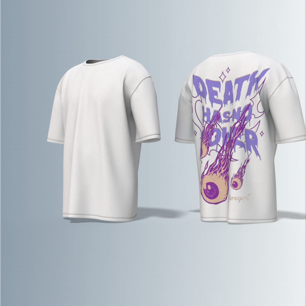 "Oversized Graphic Tee – Bold ‘Death Has No Power’ Typography with Striking Purple Flaming Eyeball Art and Cosmic Accents on Back"