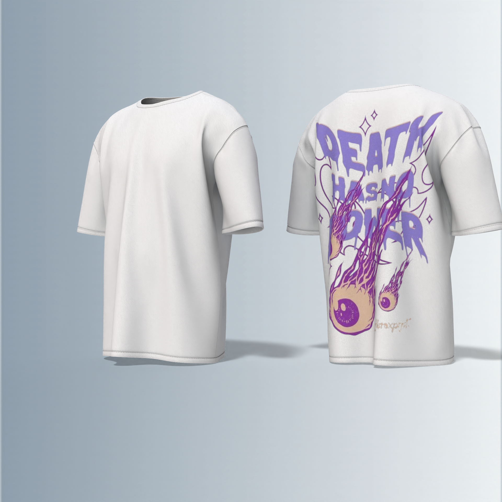 "Oversized Graphic Tee – Bold ‘Death Has No Power’ Typography with Striking Purple Flaming Eyeball Art and Cosmic Accents on Back"