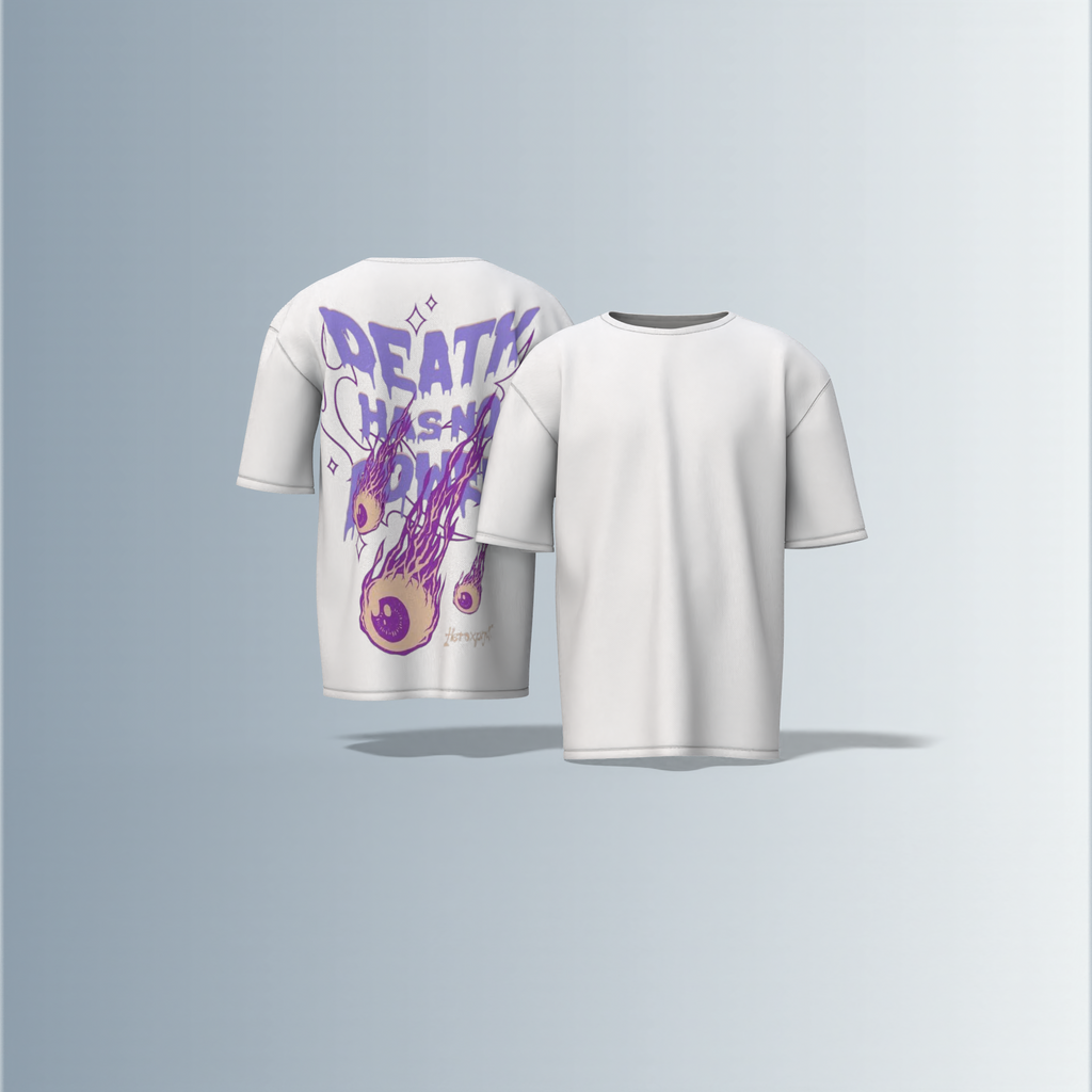 "Oversized Graphic Tee – Bold ‘Death Has No Power’ Typography with Striking Purple Flaming Eyeball Art and Cosmic Accents on Back"