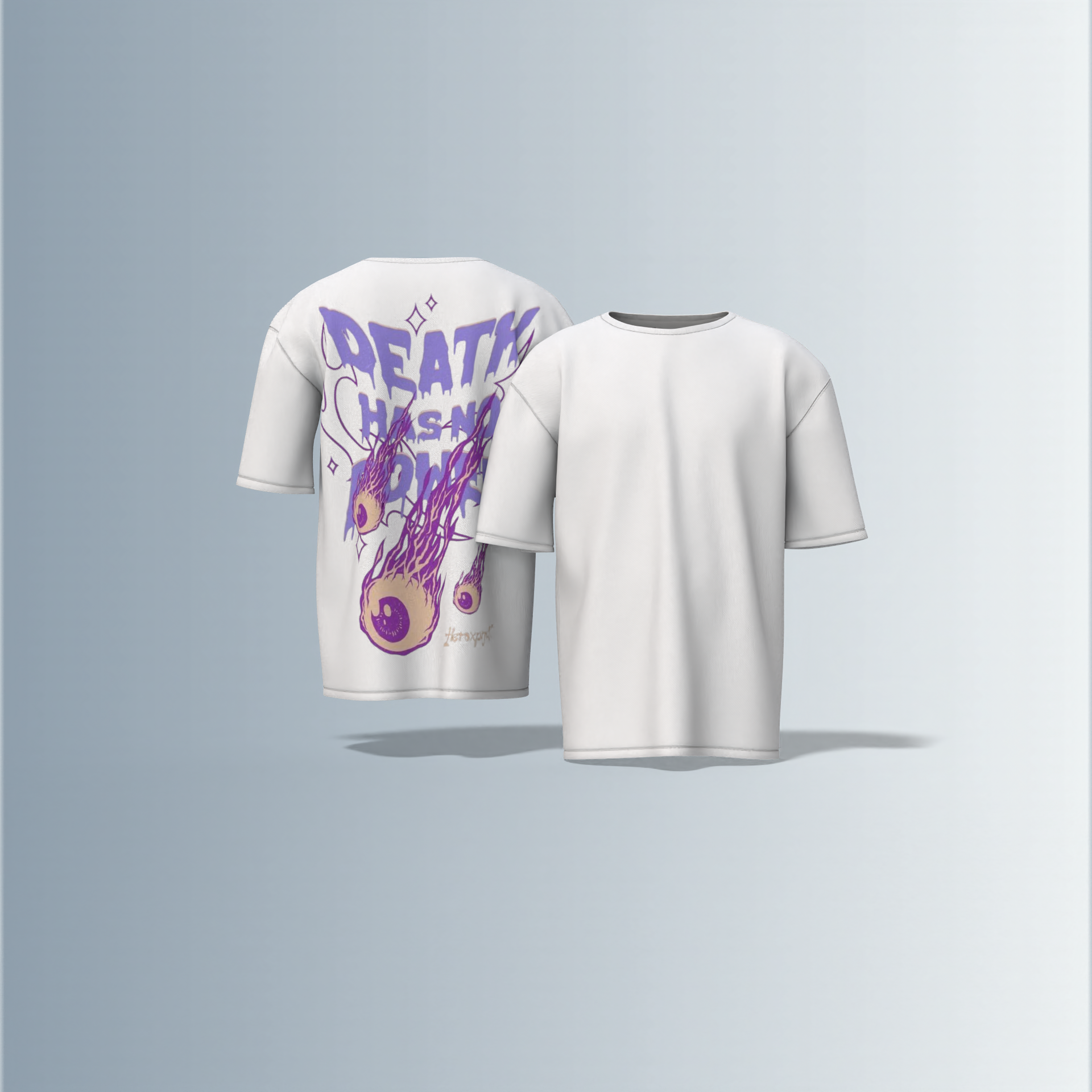 "Oversized Graphic Tee – Bold ‘Death Has No Power’ Typography with Striking Purple Flaming Eyeball Art and Cosmic Accents on Back"
