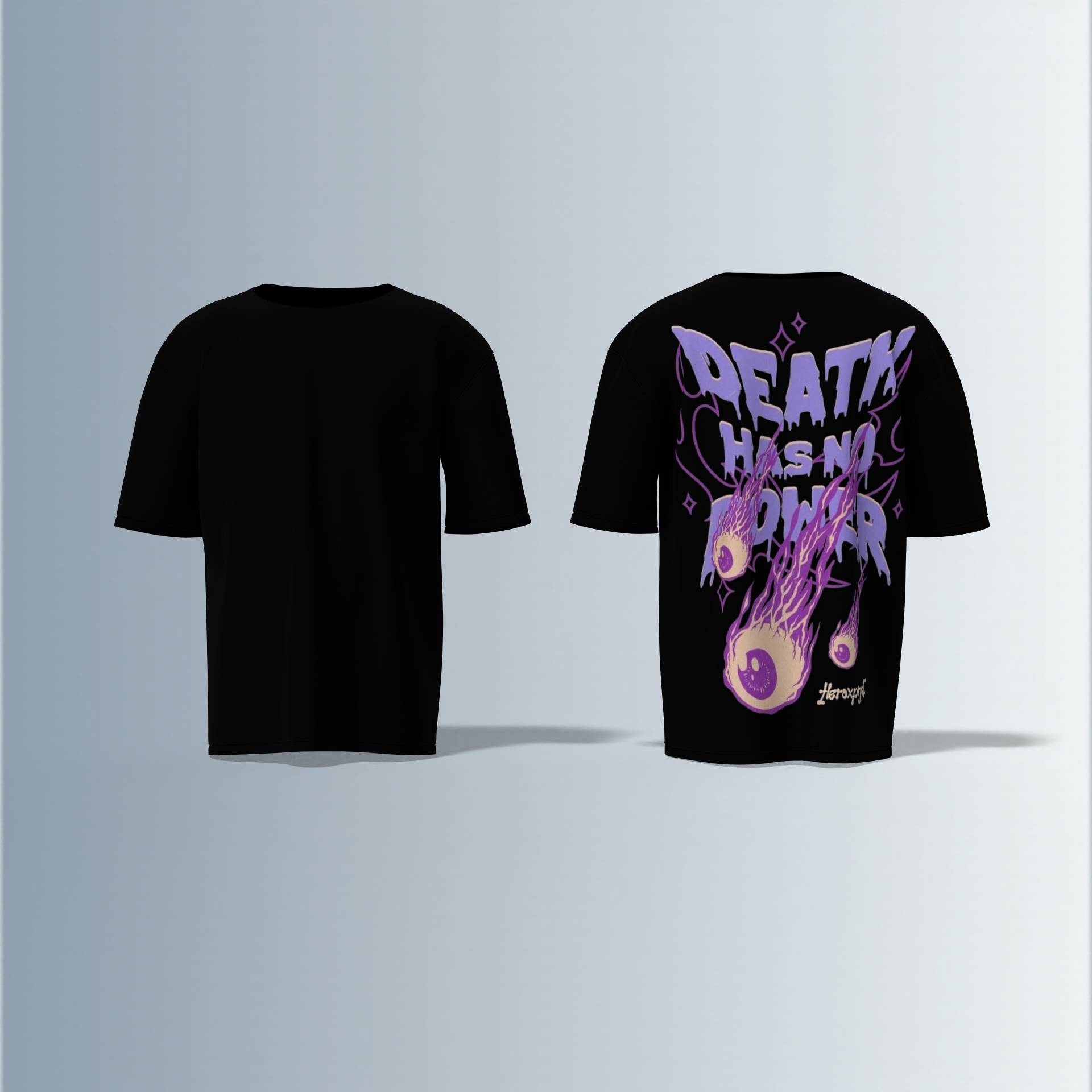 "Oversized Graphic Tee – Bold ‘Death Has No Power’ Typography with Striking Purple Flaming Eyeball Art and Cosmic Accents on Back"