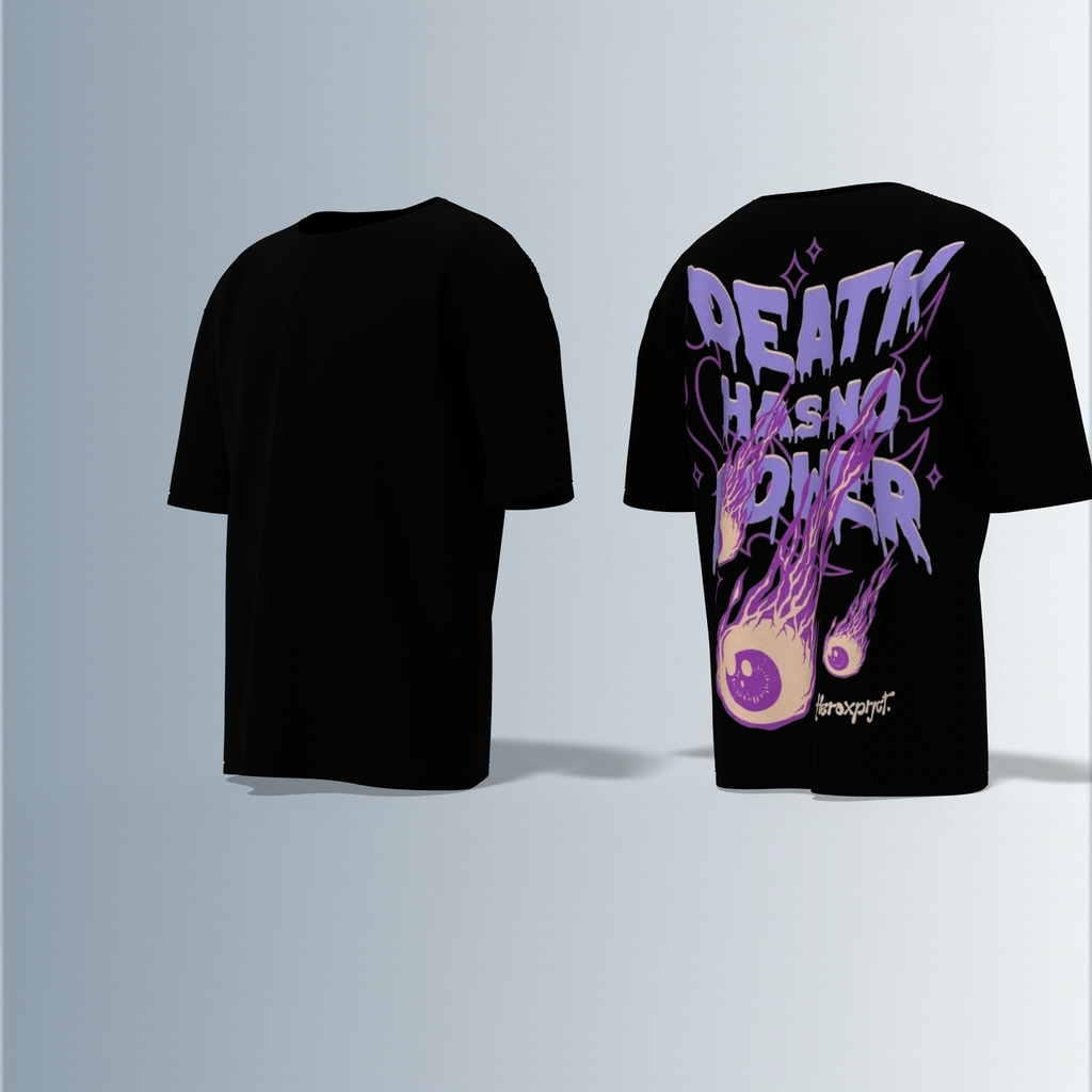 "Oversized Graphic Tee – Bold ‘Death Has No Power’ Typography with Striking Purple Flaming Eyeball Art and Cosmic Accents on Back"