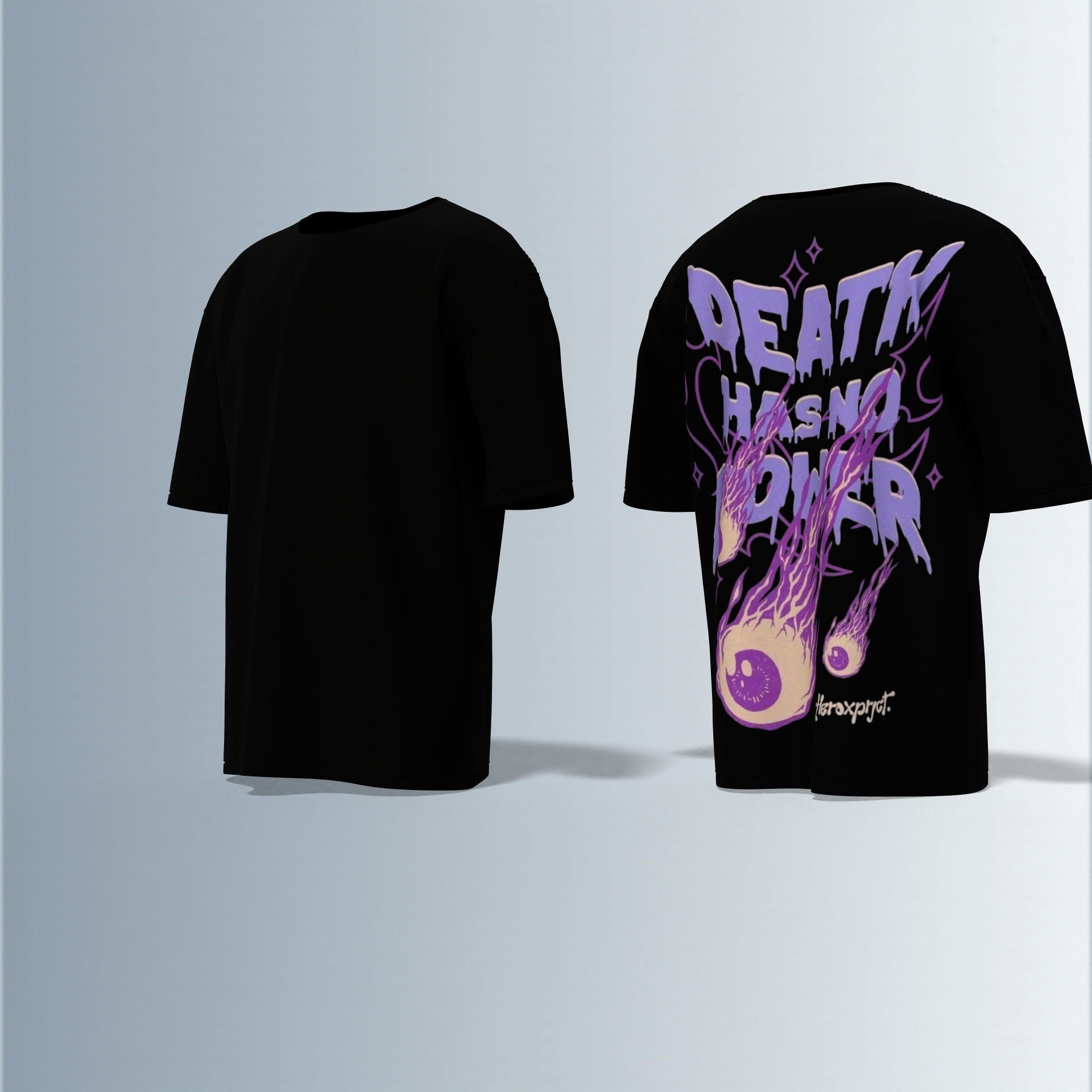 "Oversized Graphic Tee – Bold ‘Death Has No Power’ Typography with Striking Purple Flaming Eyeball Art and Cosmic Accents on Back"