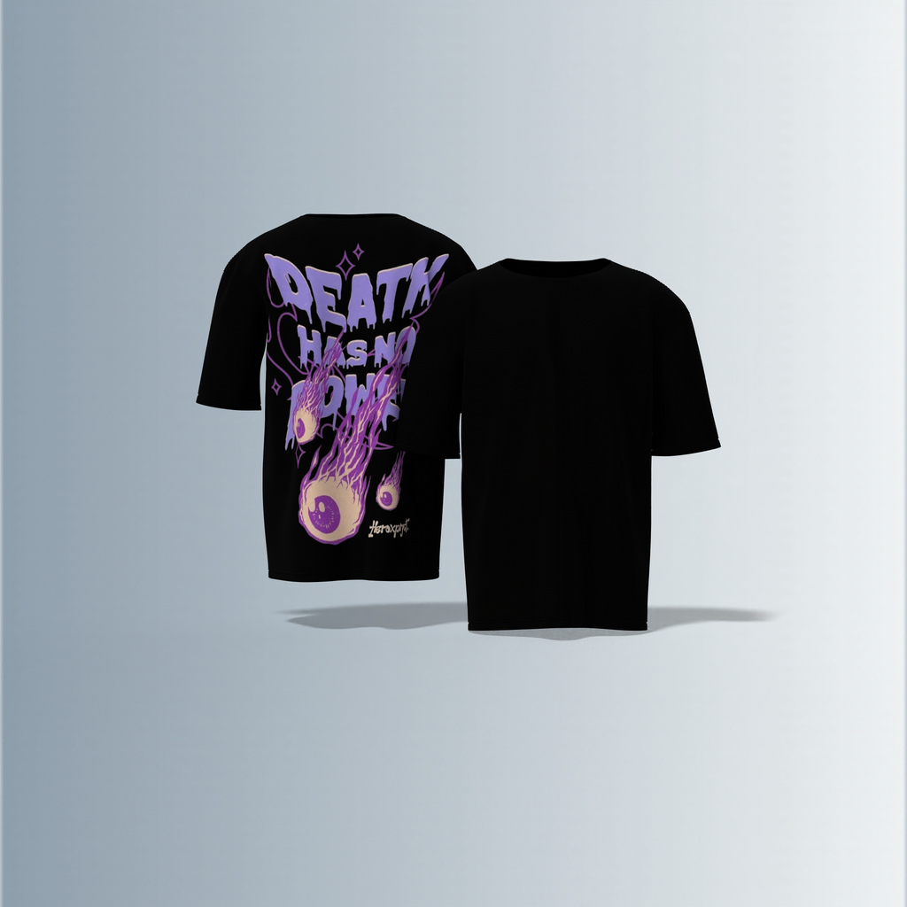 "Oversized Graphic Tee – Bold ‘Death Has No Power’ Typography with Striking Purple Flaming Eyeball Art and Cosmic Accents on Back"