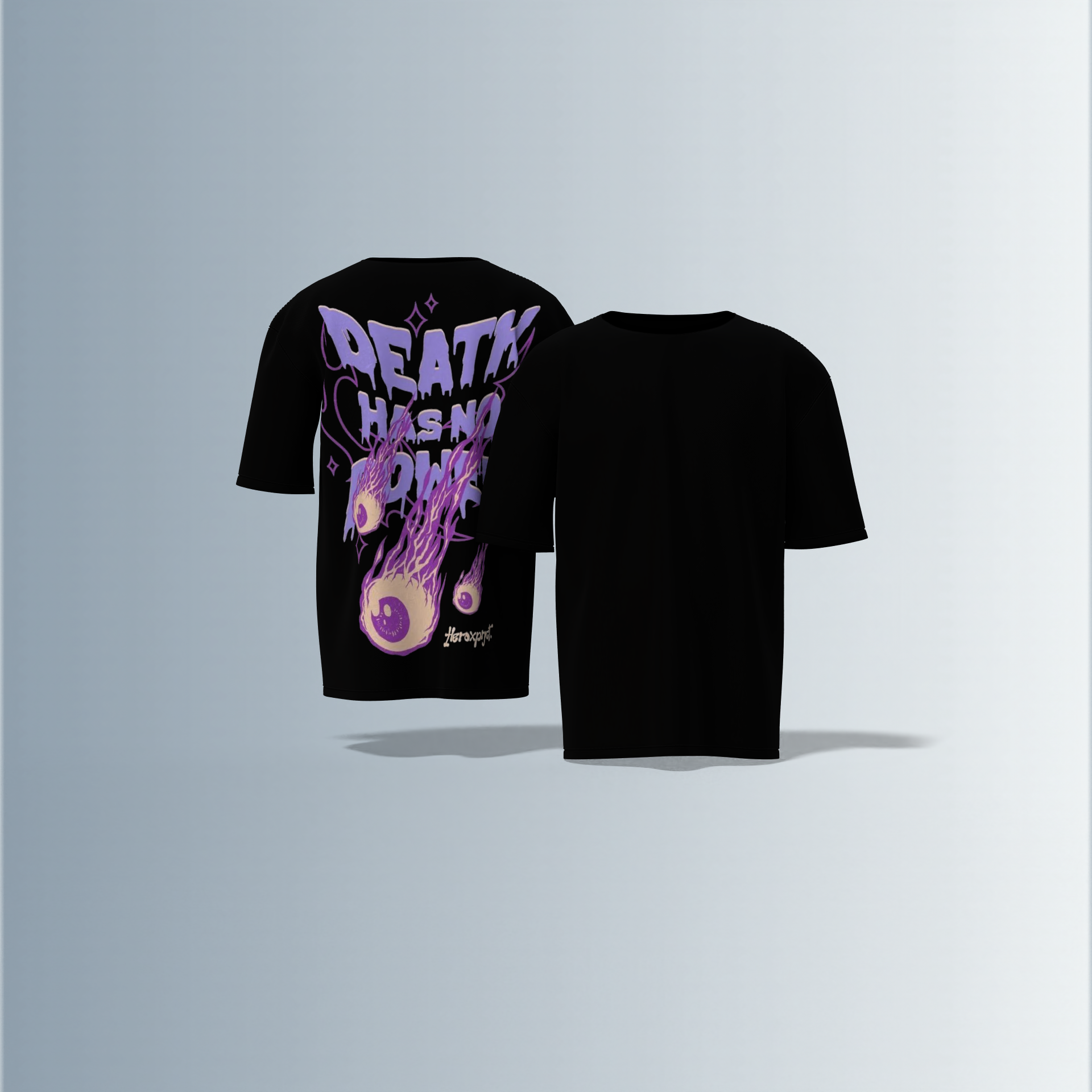 "Oversized Graphic Tee – Bold ‘Death Has No Power’ Typography with Striking Purple Flaming Eyeball Art and Cosmic Accents on Back"