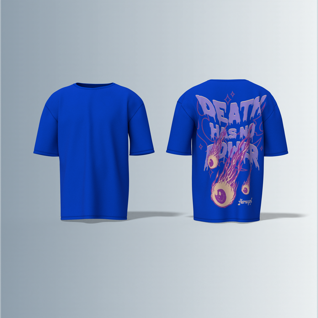 "Oversized Graphic Tee – Bold ‘Death Has No Power’ Typography with Striking Purple Flaming Eyeball Art and Cosmic Accents on Back"