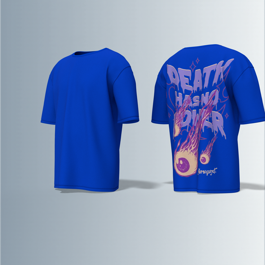 "Oversized Graphic Tee – Bold ‘Death Has No Power’ Typography with Striking Purple Flaming Eyeball Art and Cosmic Accents on Back"