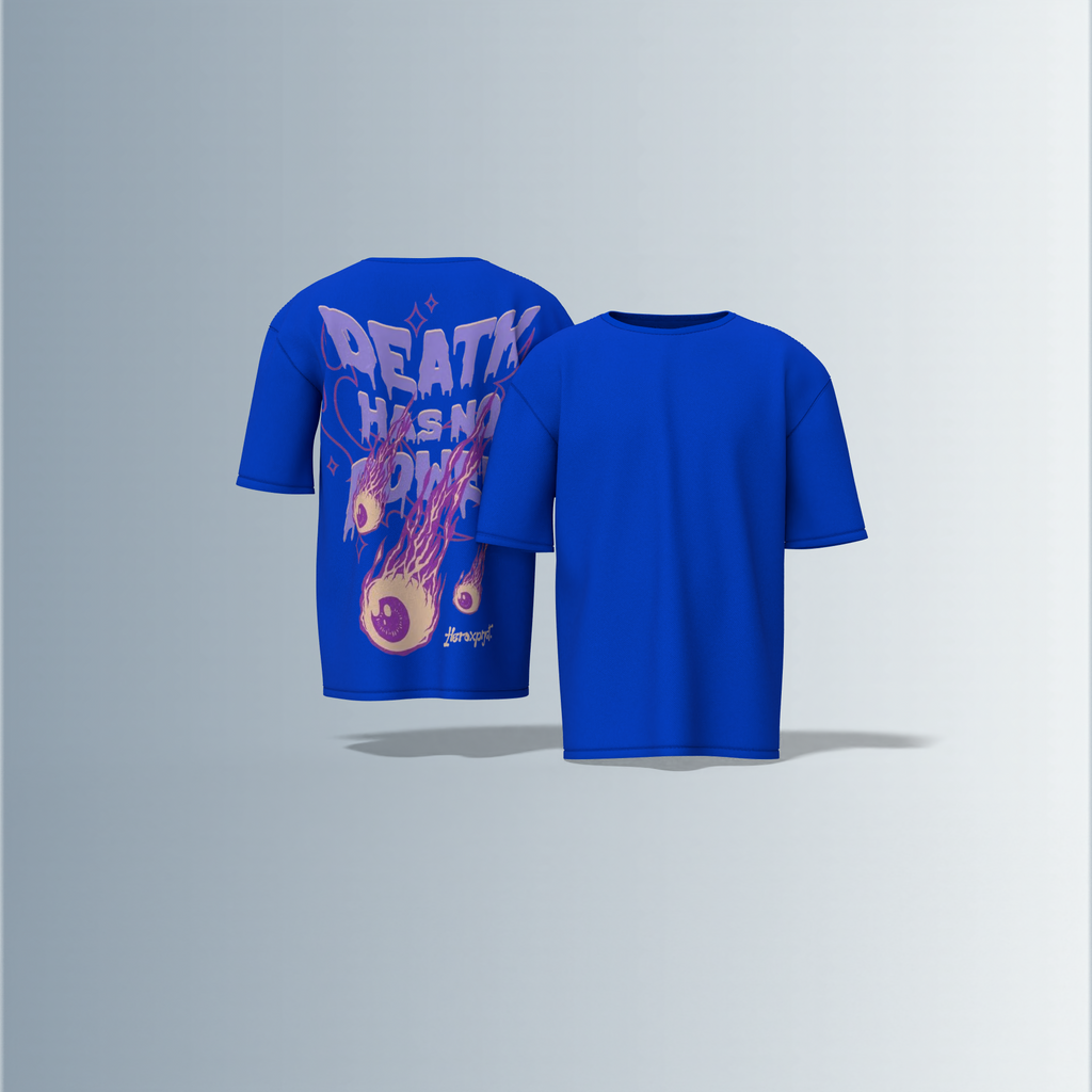 "Oversized Graphic Tee – Bold ‘Death Has No Power’ Typography with Striking Purple Flaming Eyeball Art and Cosmic Accents on Back"