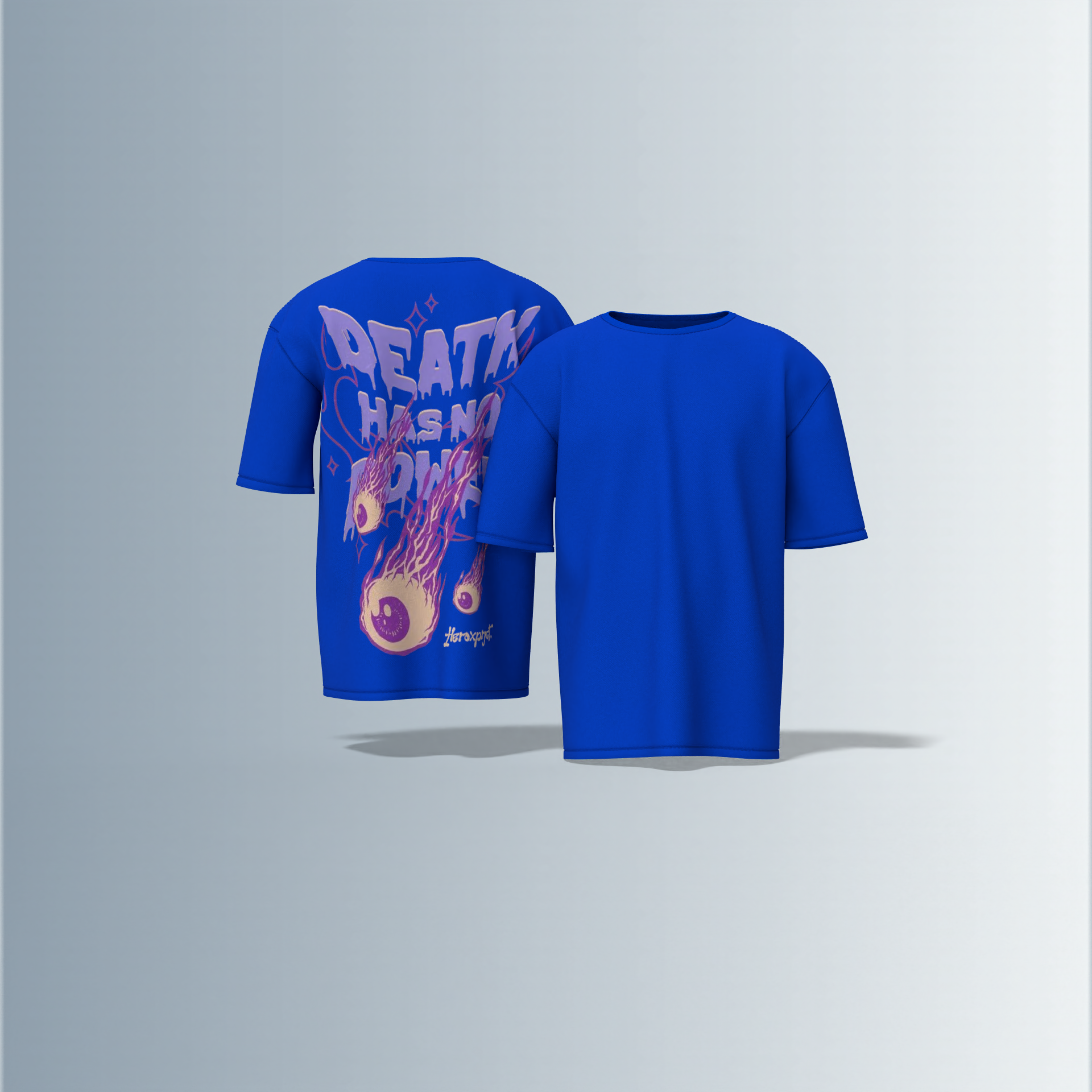 "Oversized Graphic Tee – Bold ‘Death Has No Power’ Typography with Striking Purple Flaming Eyeball Art and Cosmic Accents on Back"