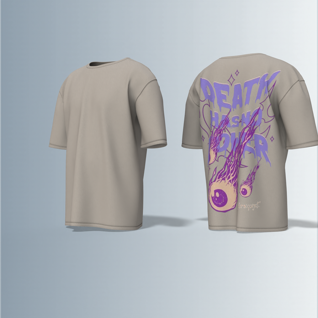 "Oversized Graphic Tee – Bold ‘Death Has No Power’ Typography with Striking Purple Flaming Eyeball Art and Cosmic Accents on Back"