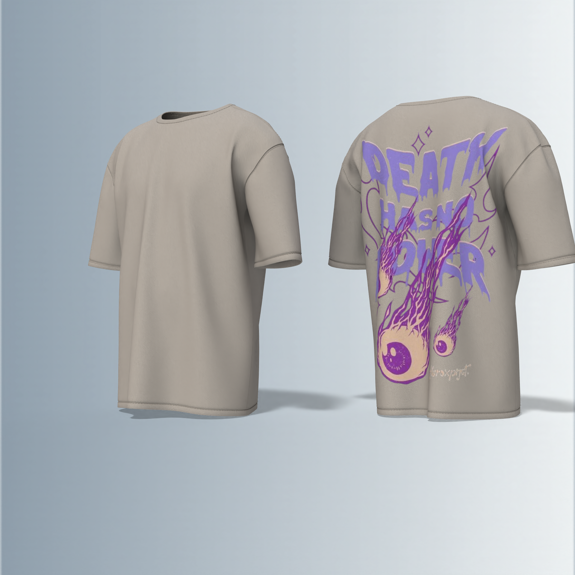"Oversized Graphic Tee – Bold ‘Death Has No Power’ Typography with Striking Purple Flaming Eyeball Art and Cosmic Accents on Back"