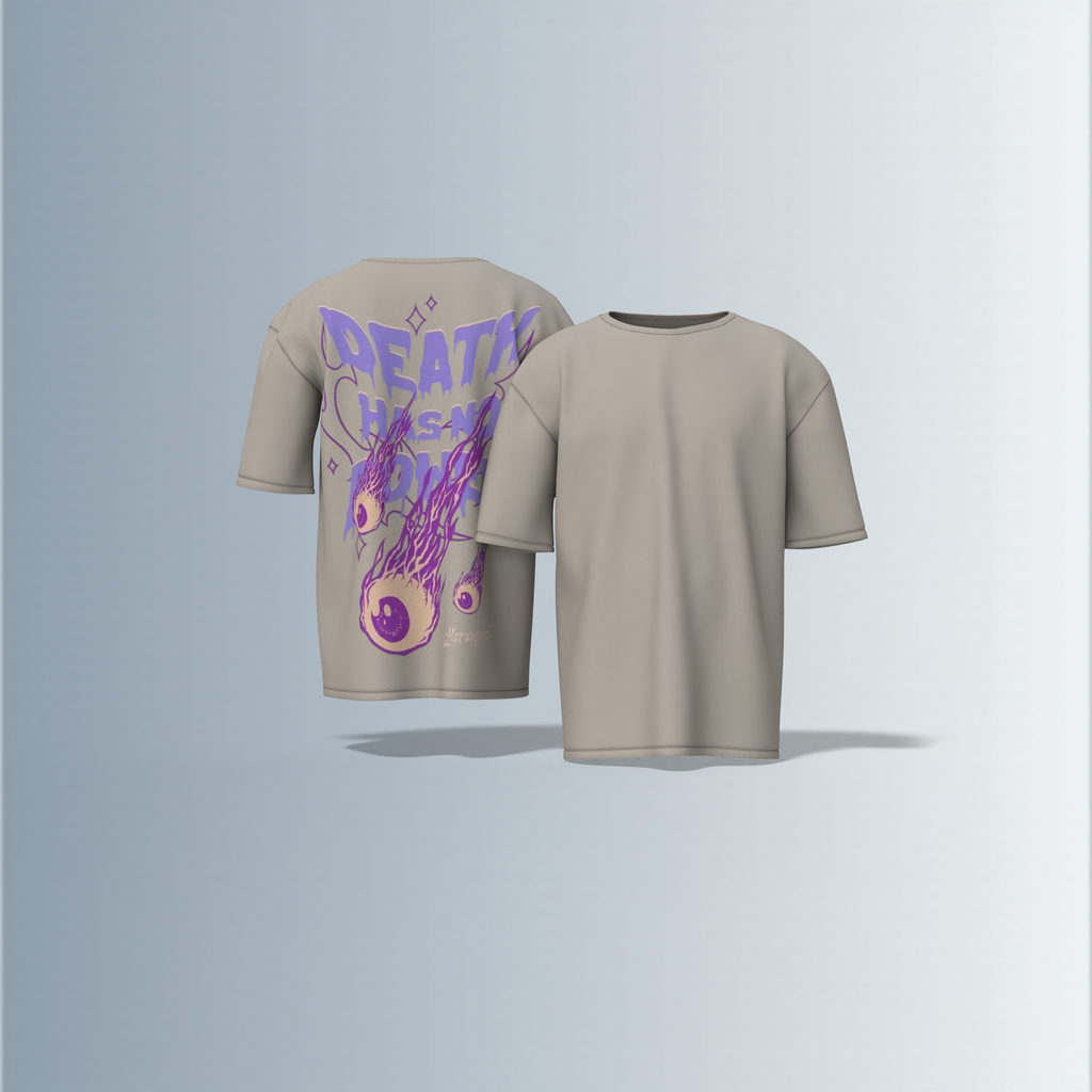 "Oversized Graphic Tee – Bold ‘Death Has No Power’ Typography with Striking Purple Flaming Eyeball Art and Cosmic Accents on Back"