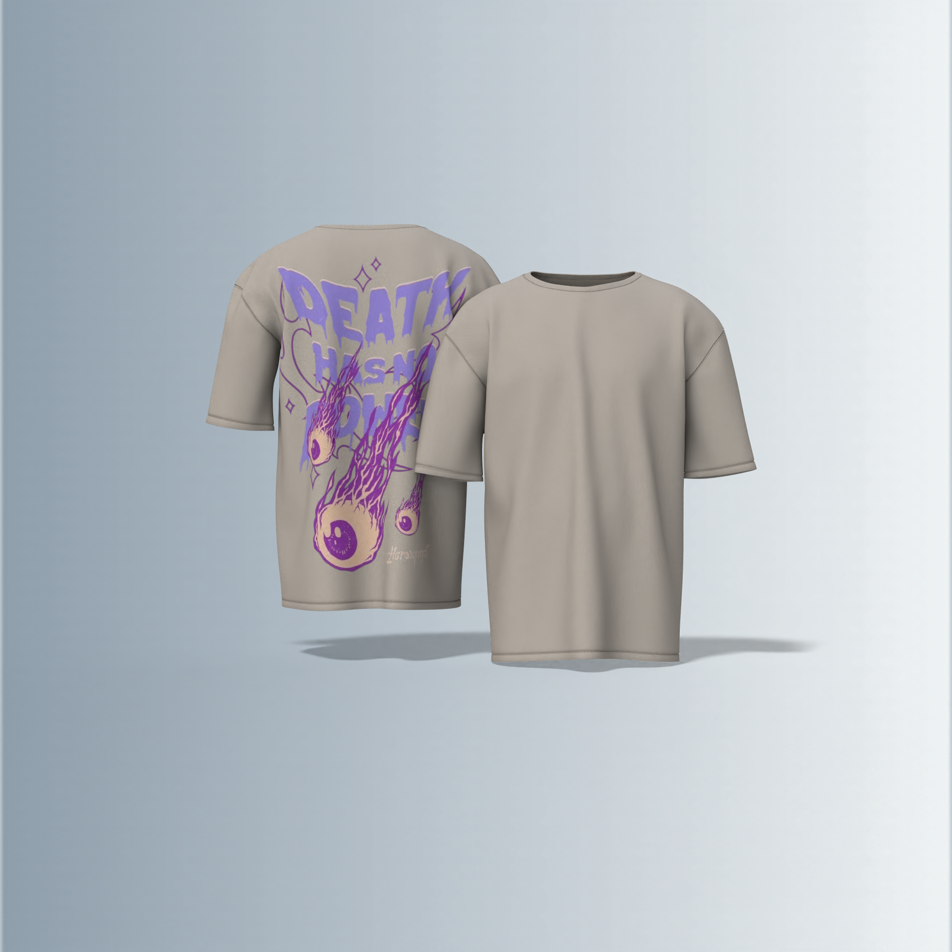 "Oversized Graphic Tee – Bold ‘Death Has No Power’ Typography with Striking Purple Flaming Eyeball Art and Cosmic Accents on Back"