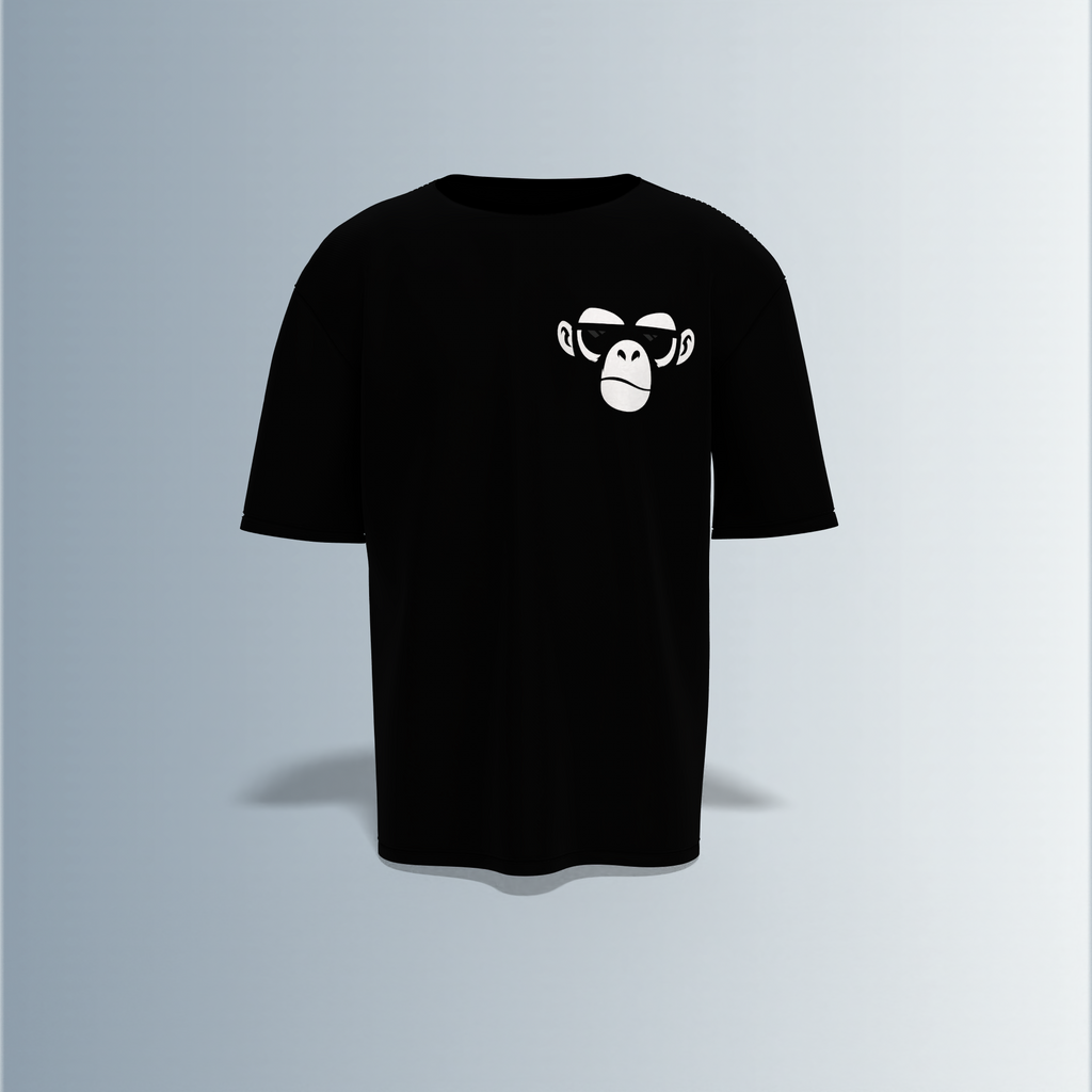 "Oversized Silence Graphic Tee – Front Minimal Ape Face Print, Back Skeleton Trio with Bold Graffiti Typography, 'Never Lonely' and Abstract Star Accents"