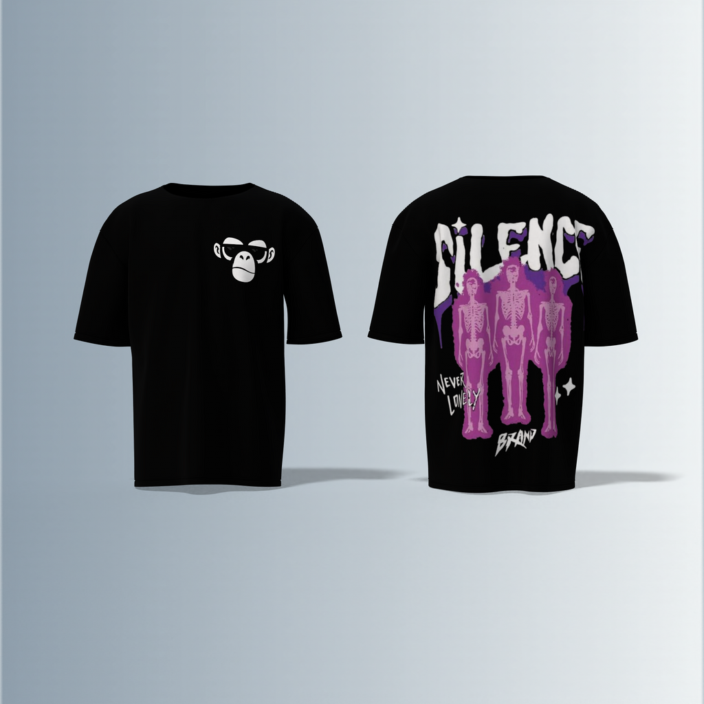 "Oversized Silence Graphic Tee – Front Minimal Ape Face Print, Back Skeleton Trio with Bold Graffiti Typography, 'Never Lonely' and Abstract Star Accents"