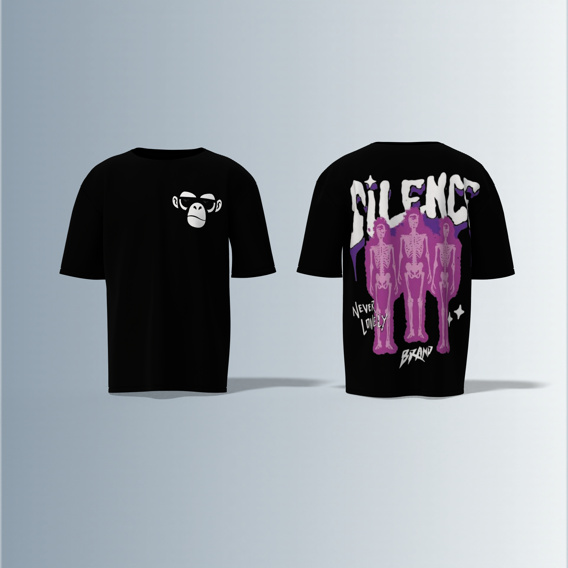"Oversized Silence Graphic Tee – Front Minimal Ape Face Print, Back Skeleton Trio with Bold Graffiti Typography, 'Never Lonely' and Abstract Star Accents"