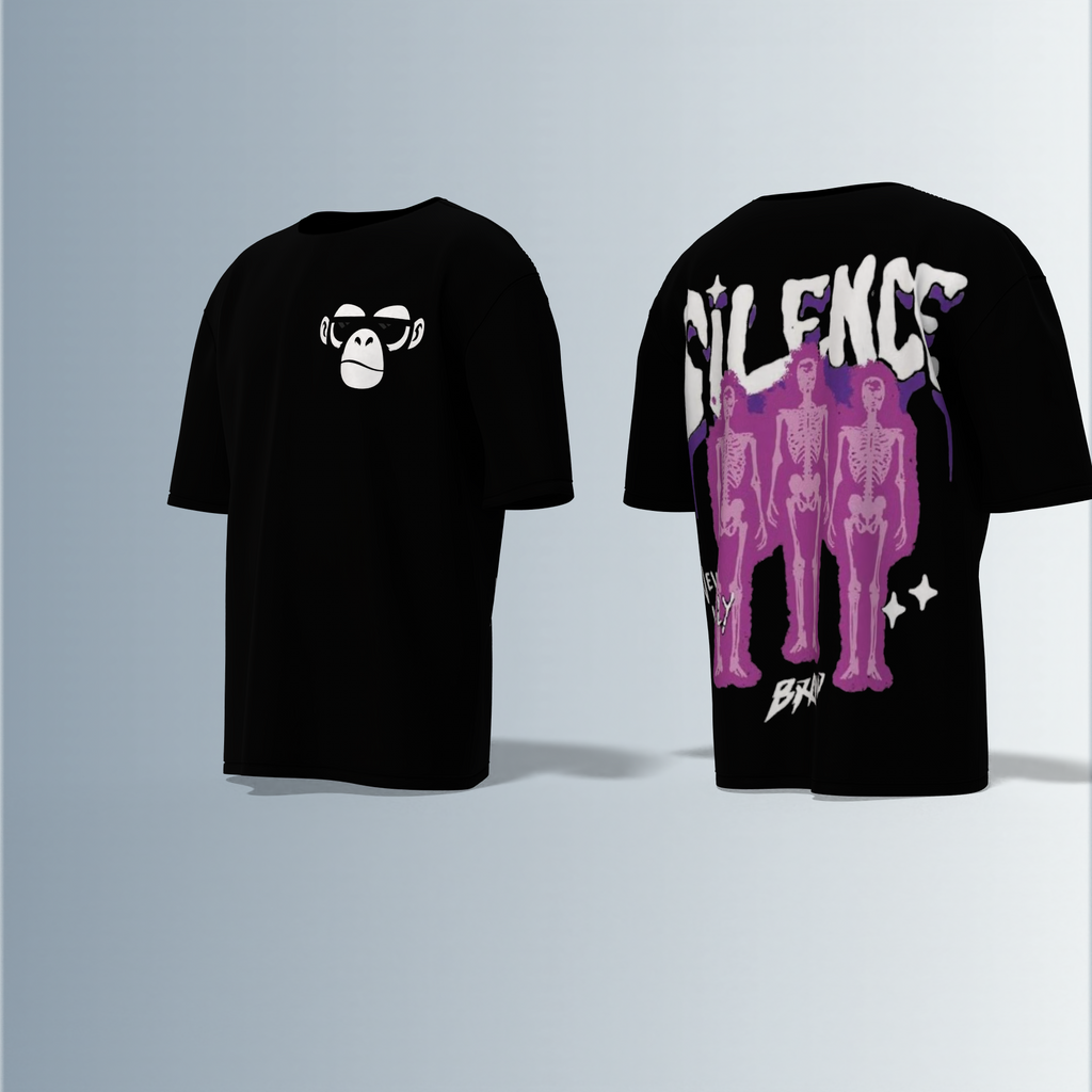 "Oversized Silence Graphic Tee – Front Minimal Ape Face Print, Back Skeleton Trio with Bold Graffiti Typography, 'Never Lonely' and Abstract Star Accents"