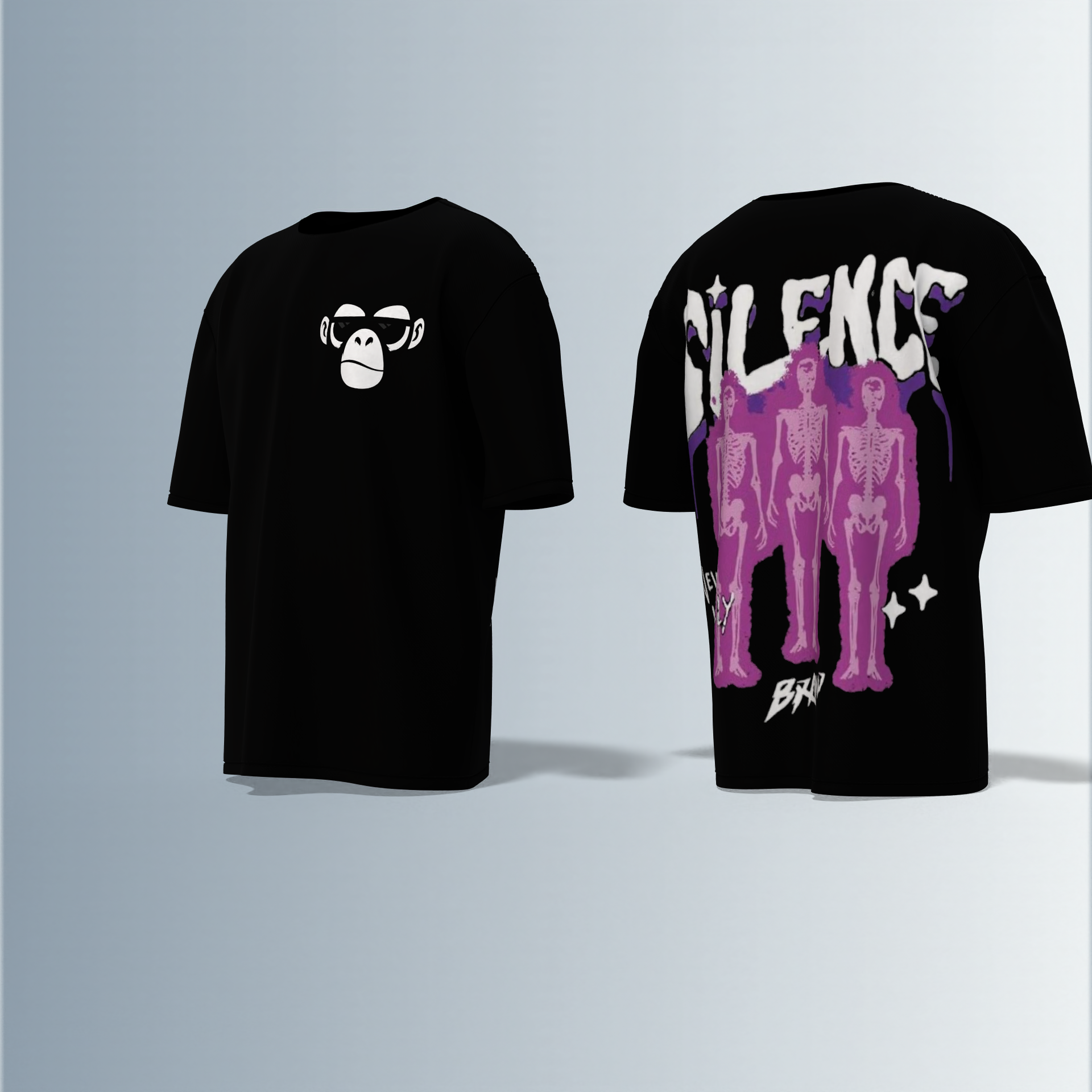 "Oversized Silence Graphic Tee – Front Minimal Ape Face Print, Back Skeleton Trio with Bold Graffiti Typography, 'Never Lonely' and Abstract Star Accents"