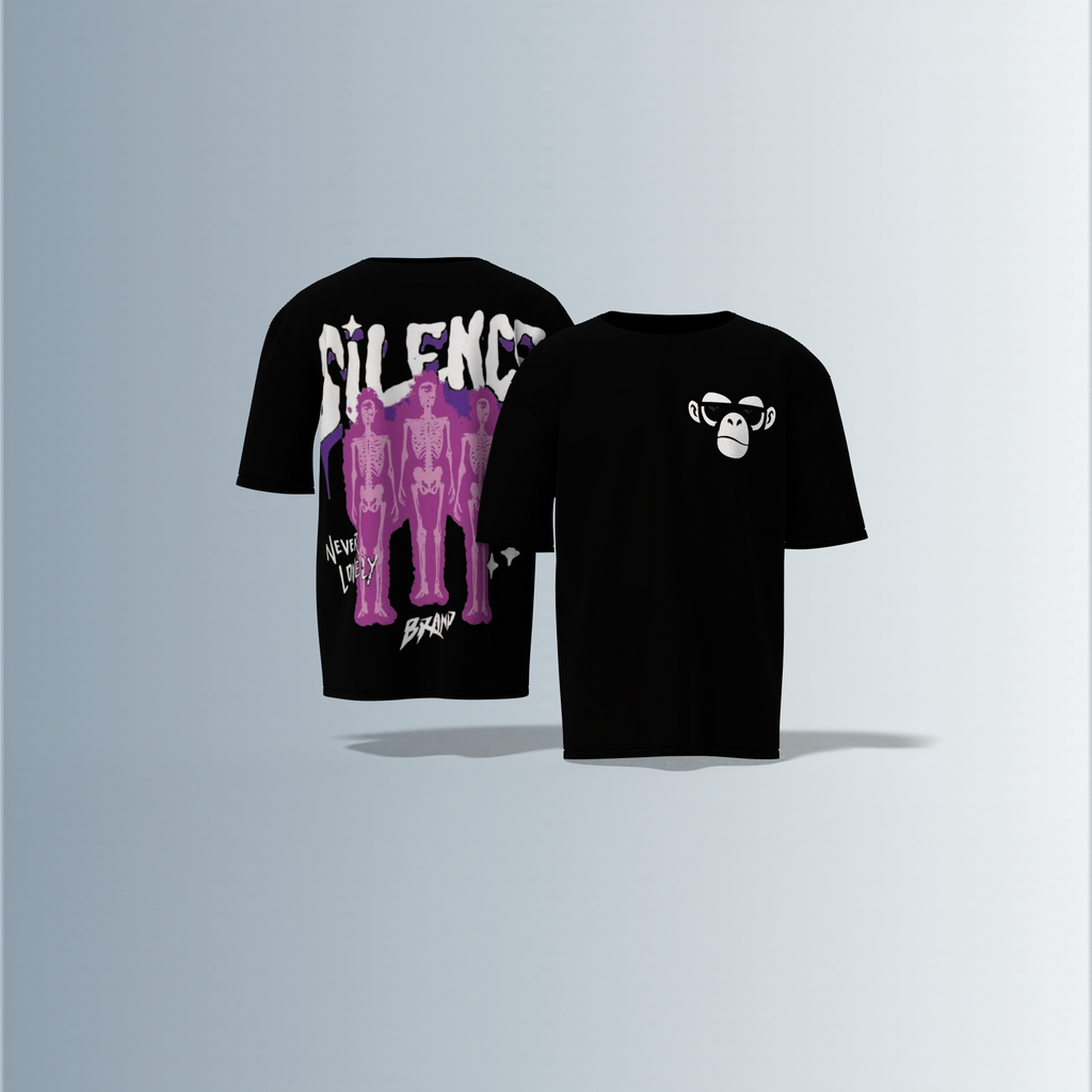 "Oversized Silence Graphic Tee – Front Minimal Ape Face Print, Back Skeleton Trio with Bold Graffiti Typography, 'Never Lonely' and Abstract Star Accents"