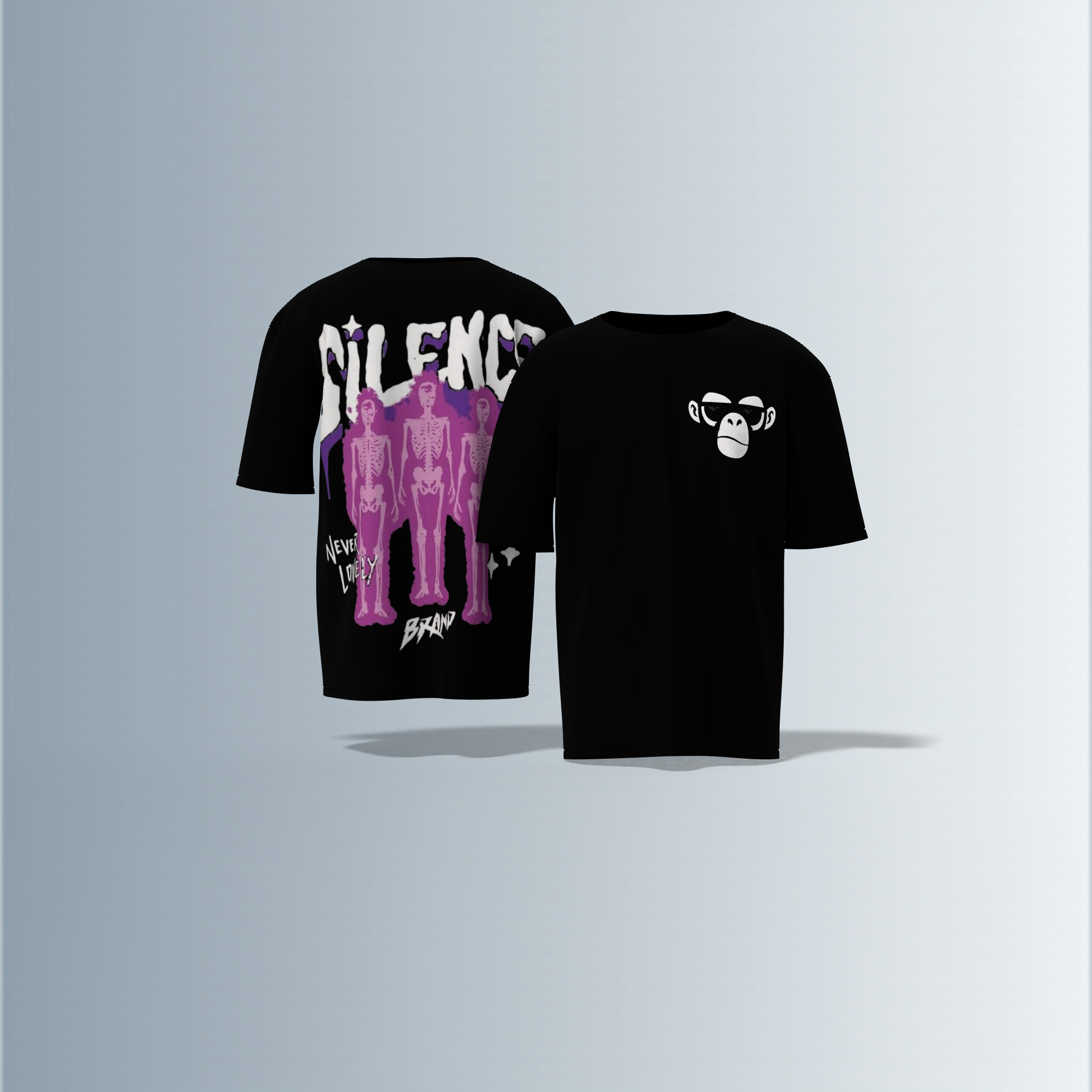 "Oversized Silence Graphic Tee – Front Minimal Ape Face Print, Back Skeleton Trio with Bold Graffiti Typography, 'Never Lonely' and Abstract Star Accents"