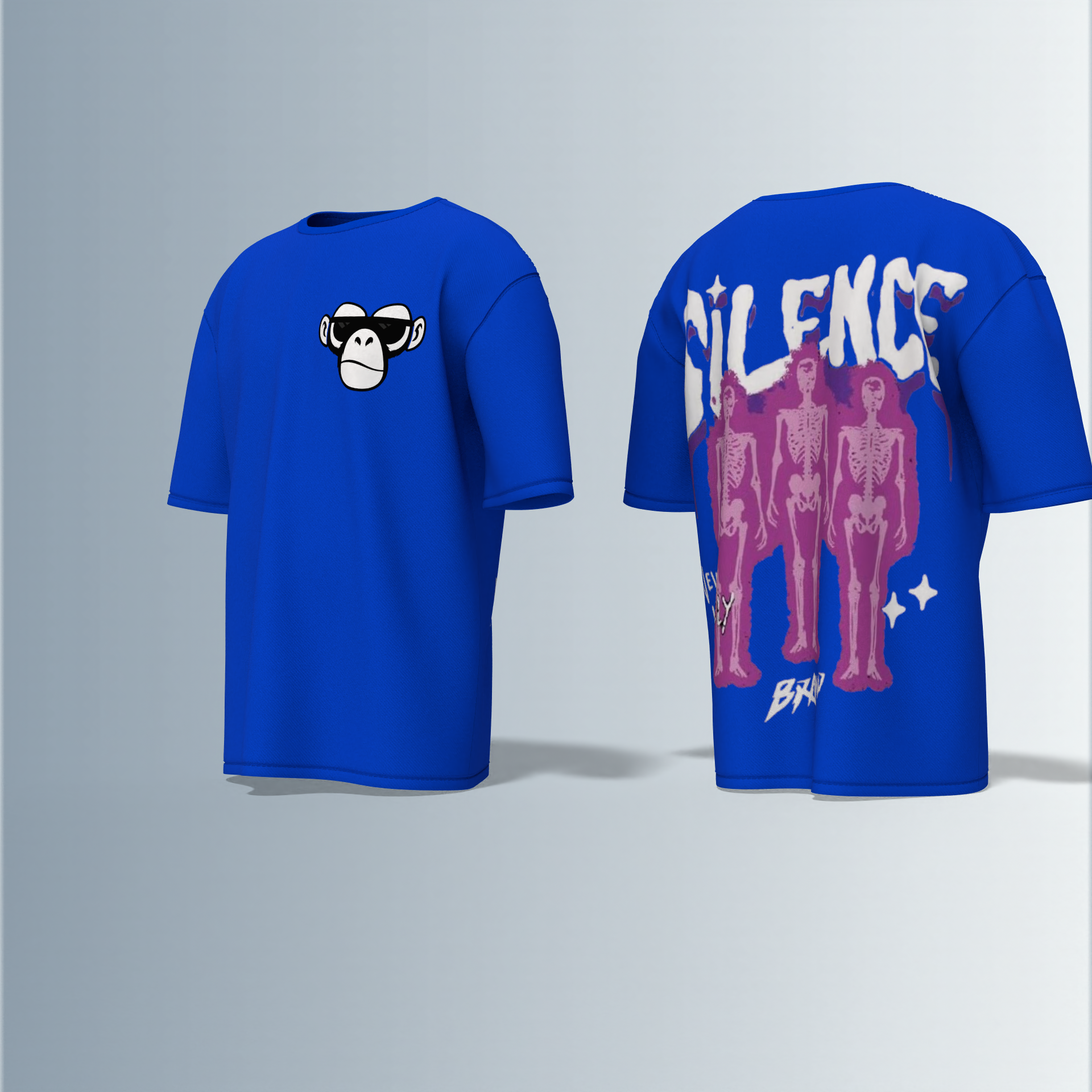 "Oversized Silence Graphic Tee – Front Minimal Ape Face Print, Back Skeleton Trio with Bold Graffiti Typography, 'Never Lonely' and Abstract Star Accents"