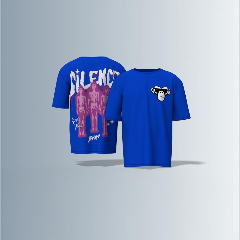 "Oversized Silence Graphic Tee – Front Minimal Ape Face Print, Back Skeleton Trio with Bold Graffiti Typography, 'Never Lonely' and Abstract Star Accents"