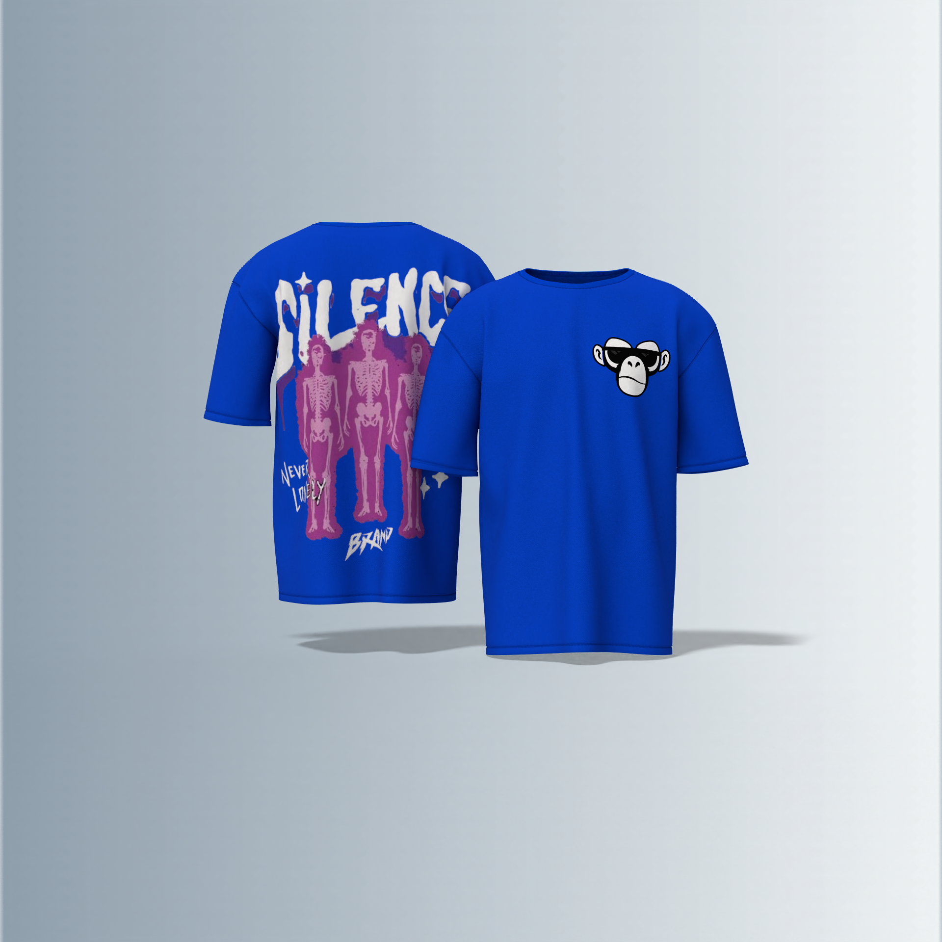 "Oversized Silence Graphic Tee – Front Minimal Ape Face Print, Back Skeleton Trio with Bold Graffiti Typography, 'Never Lonely' and Abstract Star Accents"