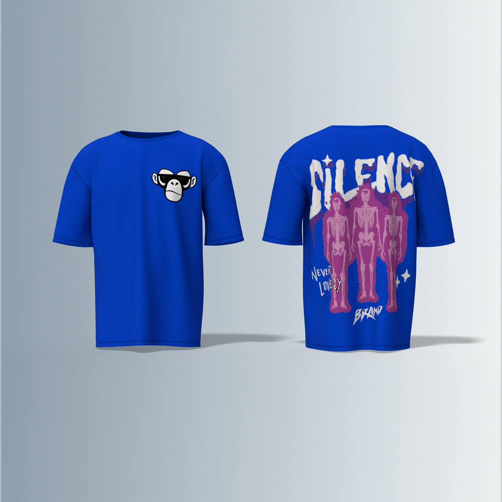 "Oversized Silence Graphic Tee – Front Minimal Ape Face Print, Back Skeleton Trio with Bold Graffiti Typography, 'Never Lonely' and Abstract Star Accents"
