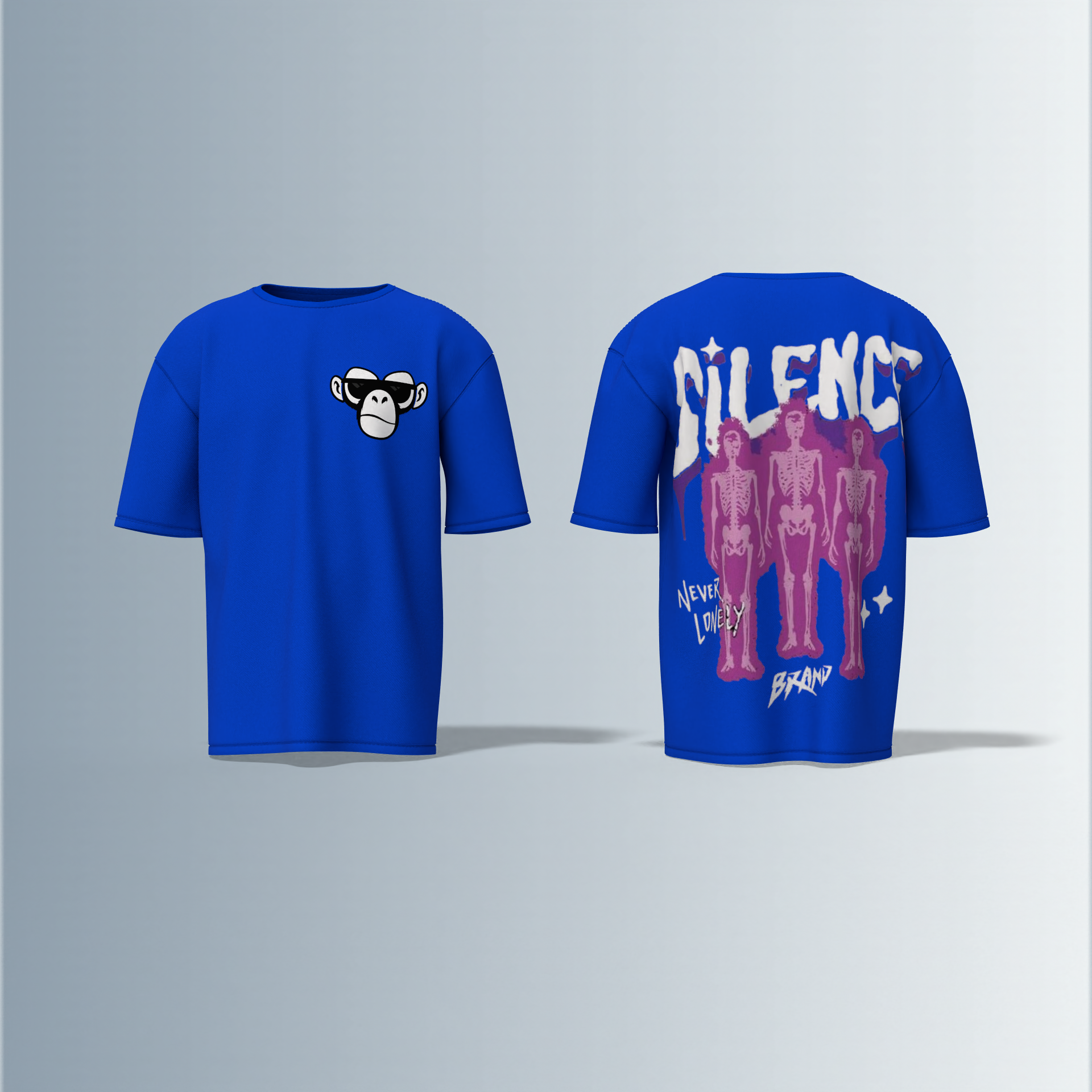 "Oversized Silence Graphic Tee – Front Minimal Ape Face Print, Back Skeleton Trio with Bold Graffiti Typography, 'Never Lonely' and Abstract Star Accents"