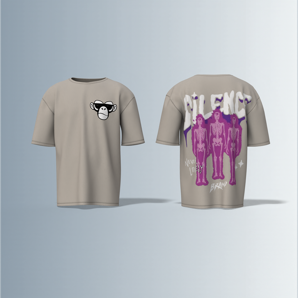 "Oversized Silence Graphic Tee – Front Minimal Ape Face Print, Back Skeleton Trio with Bold Graffiti Typography, 'Never Lonely' and Abstract Star Accents"